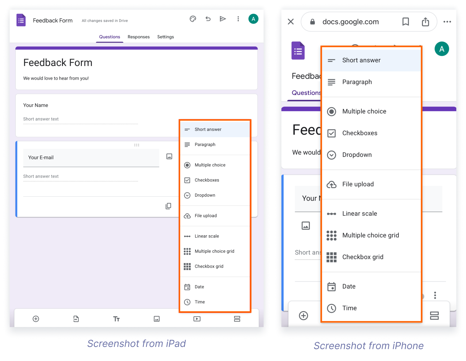 Comparison of Google Forms interfaces on an iPad and iPhone, highlighting the form elements and question type options