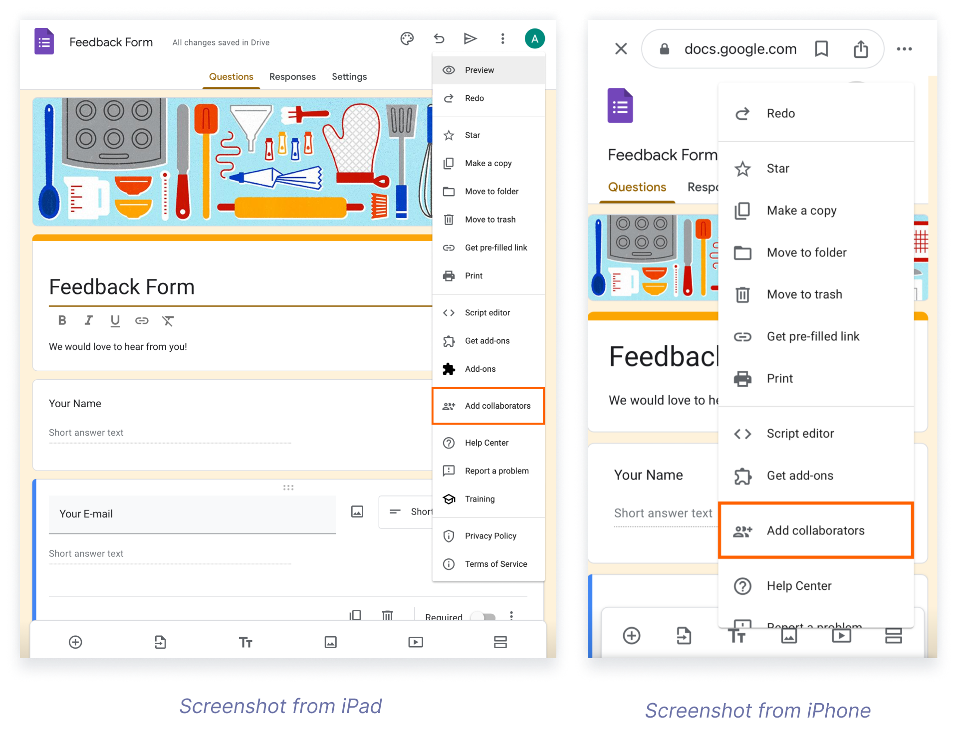 Google Forms interface on iPad and iPhone, showing an open feedback form and the menu option to add collaborators highlighted