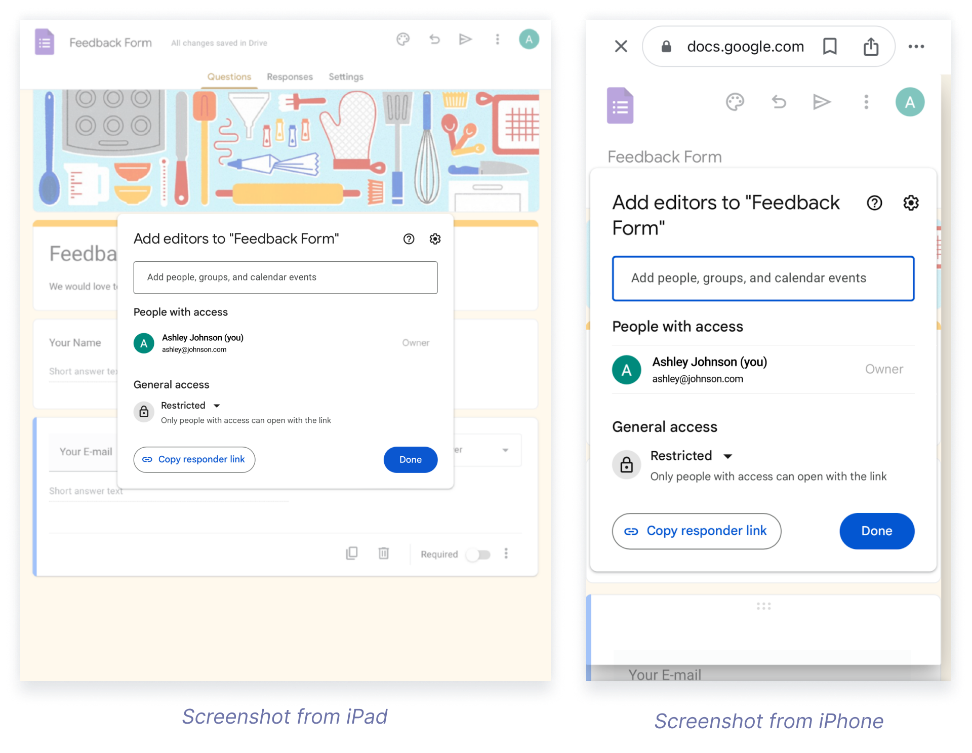 Google Forms displayed on iPad and iPhone with options to customize form settings and share the form link