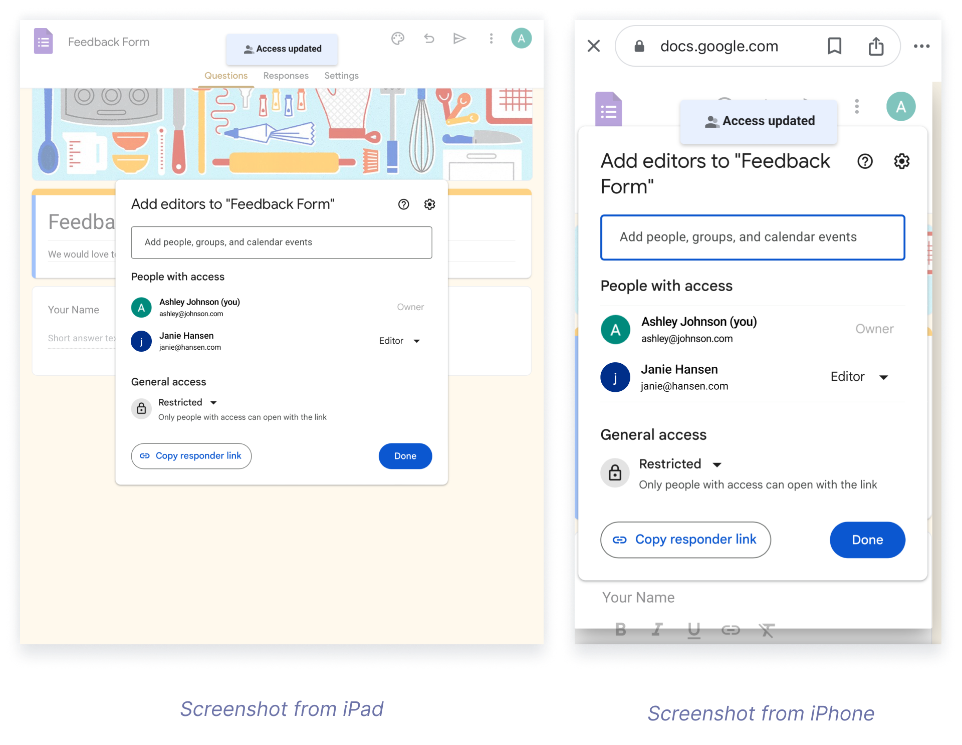 Google Forms sharing settings being edited on both iPad and iPhone interfaces, showing added editors and restricted access options
