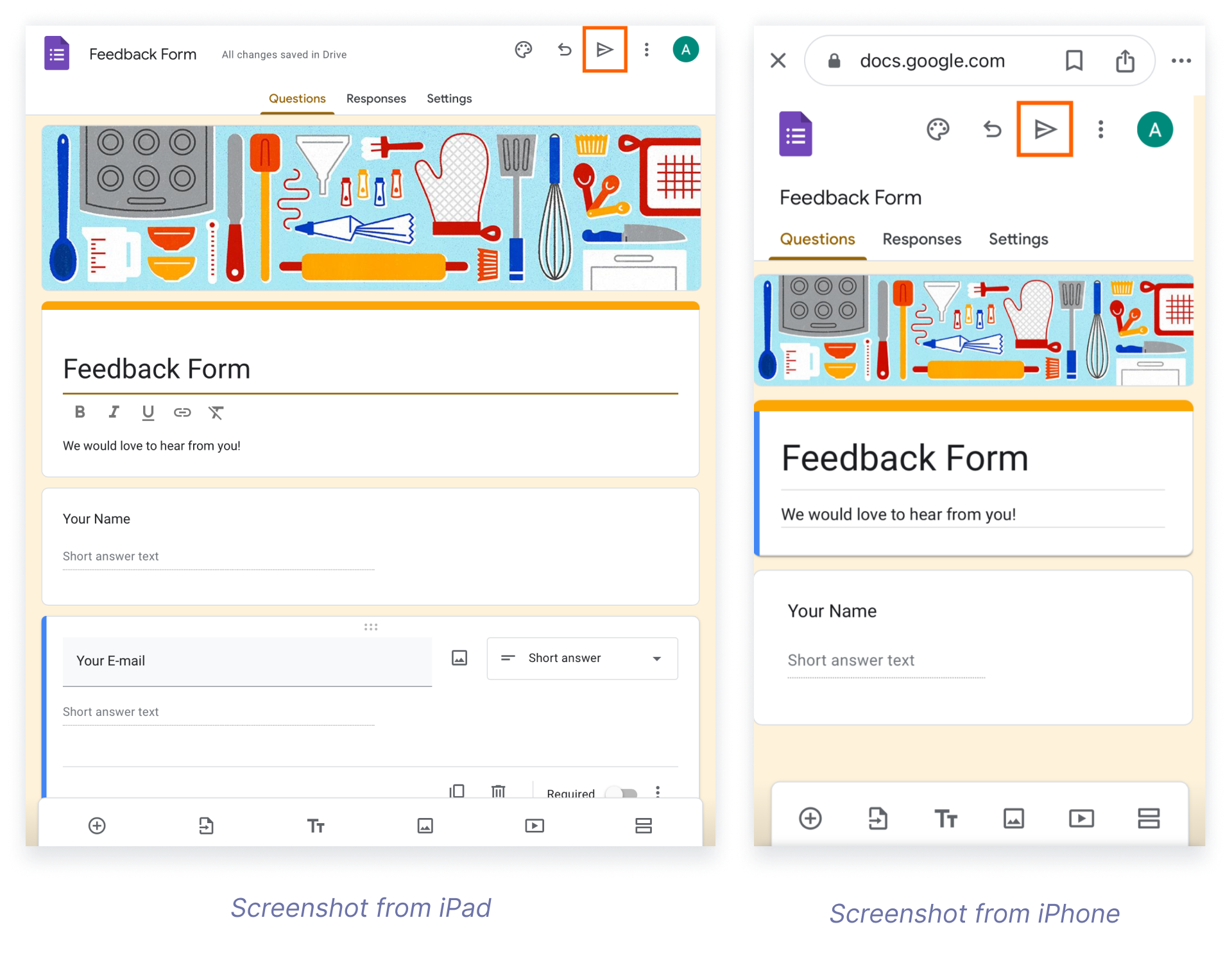 This image displays a Google Form titled "Feedback Form" being edited on both an iPad and iPhone