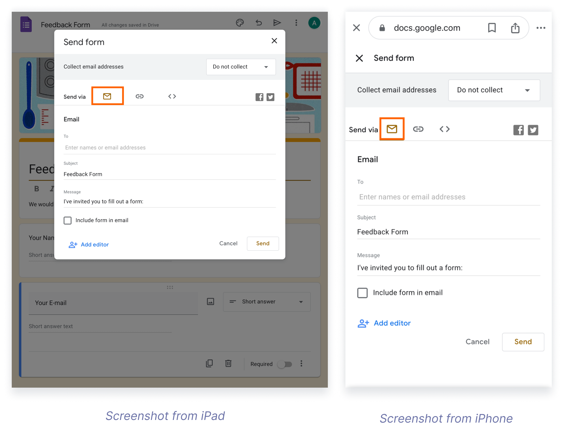 The image displays the "Send form" interface of a Google Form on both an iPad and an iPhone