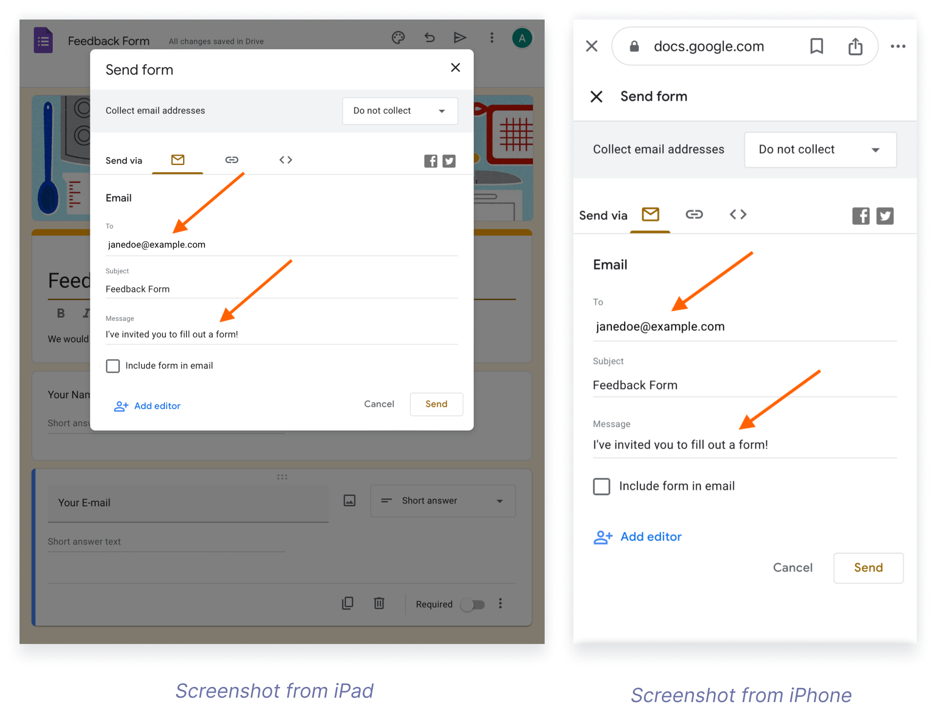 The image shows the "Send form" interface of a Google Form, indicating how to email a form directly from a mobile device