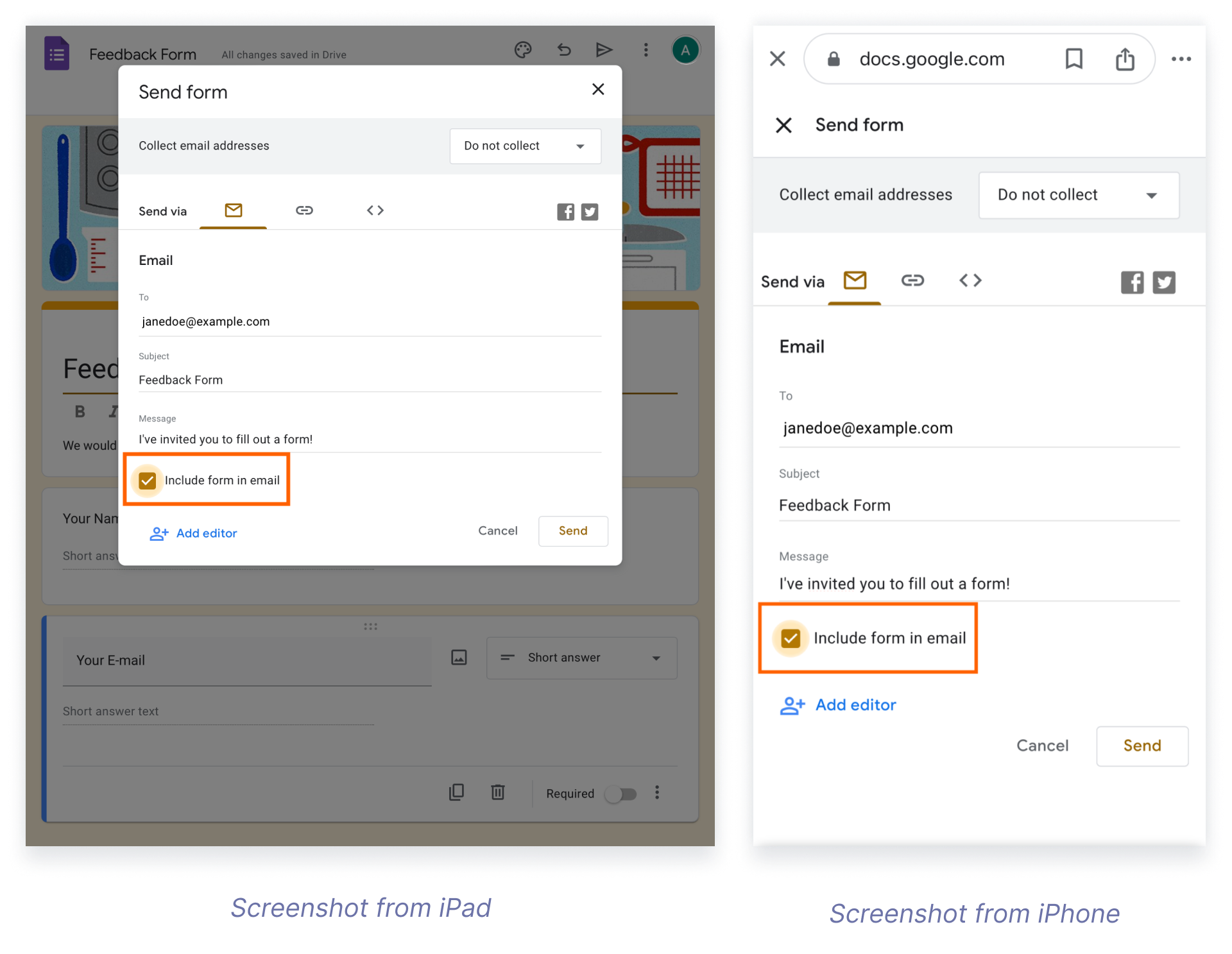 This image displays the send form dialog from Google Forms on both an iPad and an iPhone