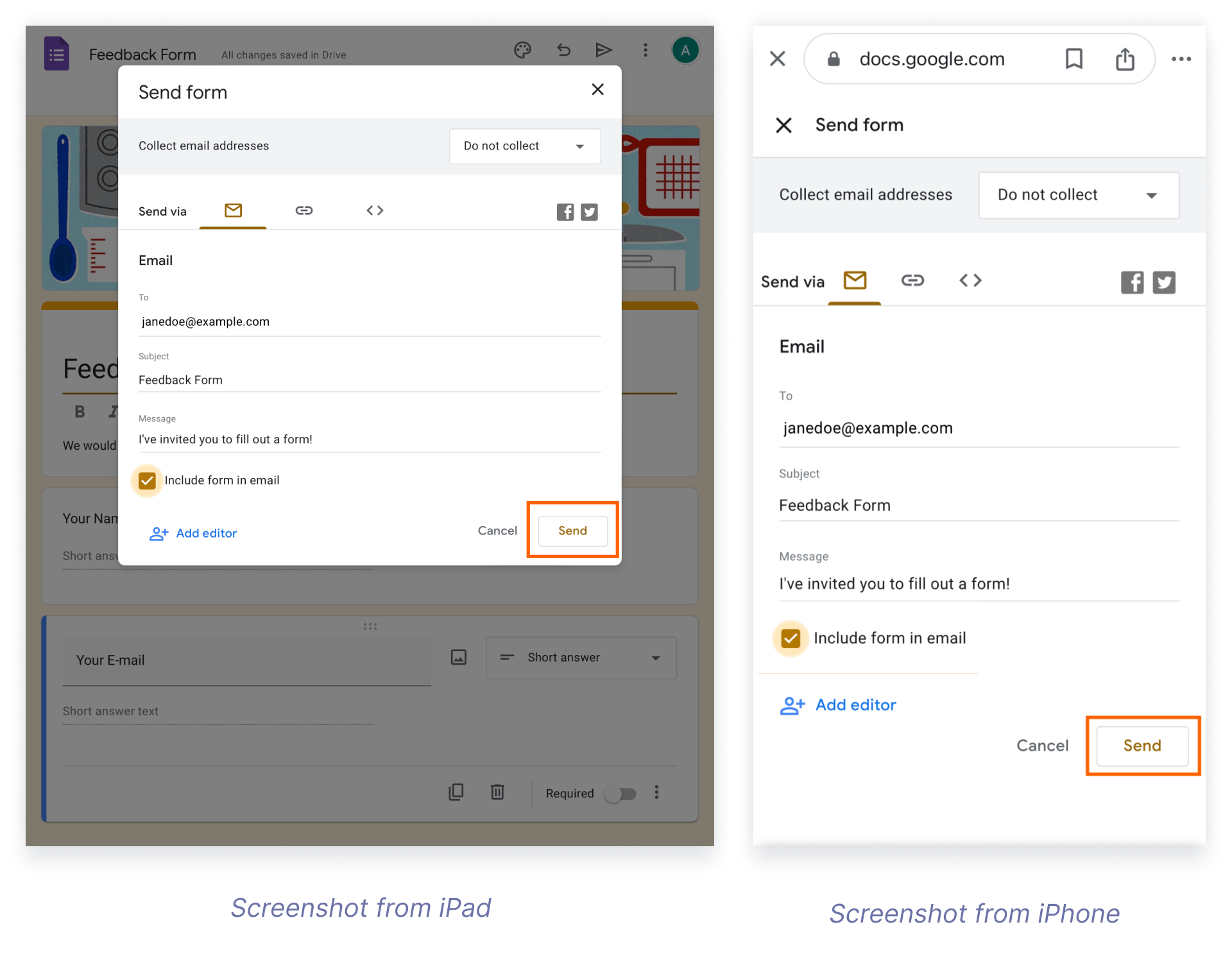 This image displays the send form dialog from Google Forms on both an iPad and an iPhone