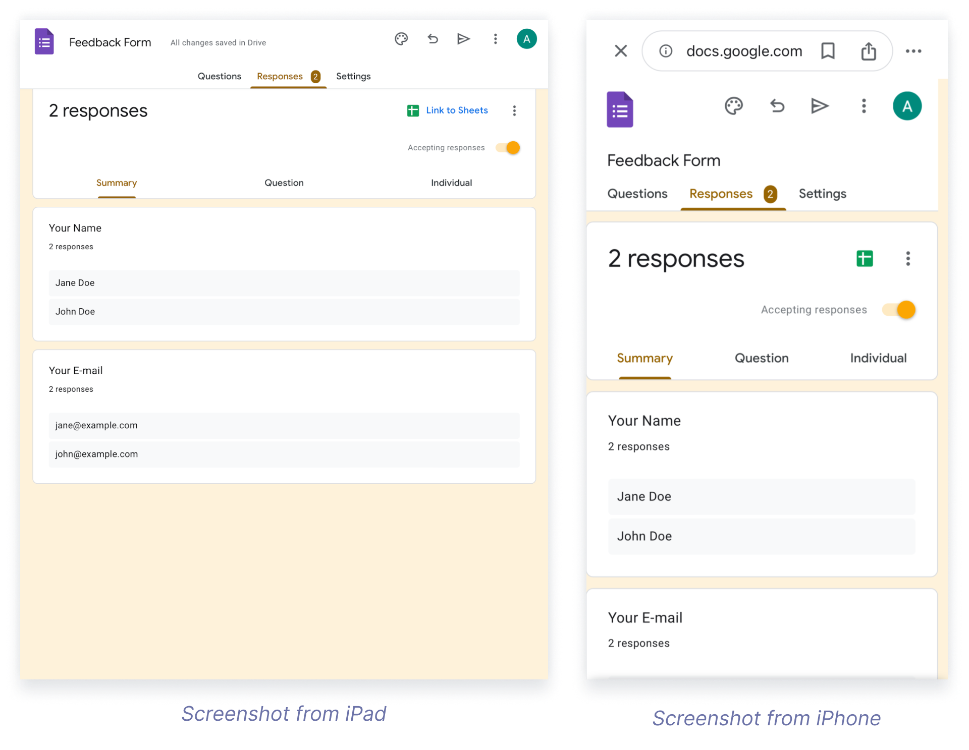 This image displays the responses dialog from Google Forms on both an iPad and an iPhone