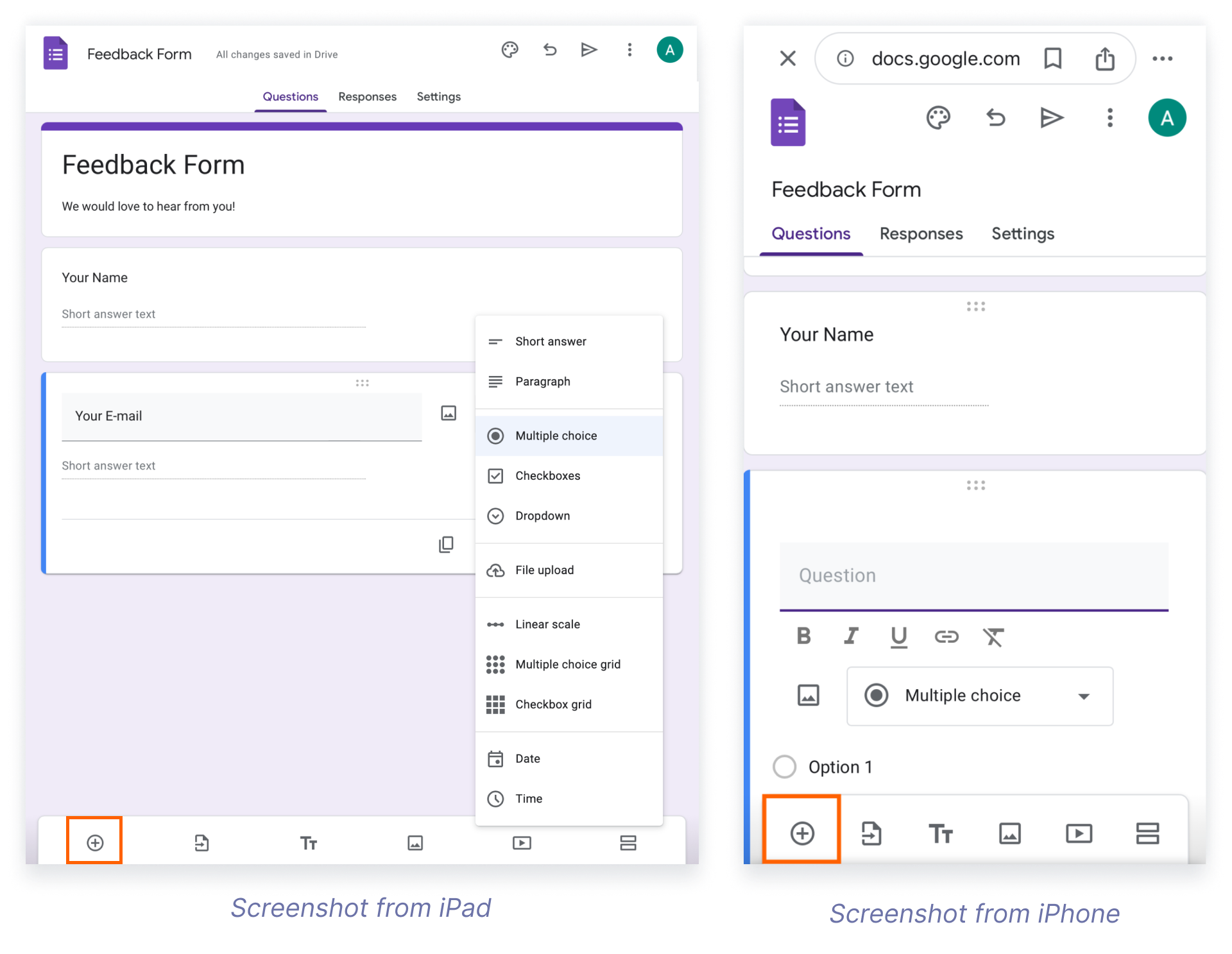 Dual display of Google Forms editing on an iPad and an iPhone, showing the interface for inputting questions and choosing response options