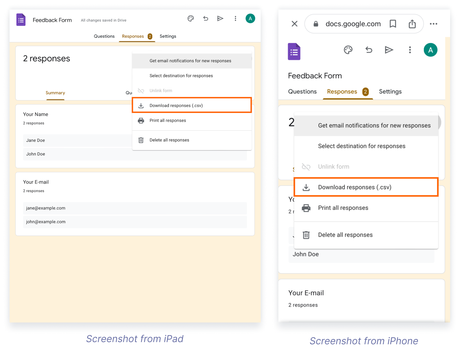 This image displays download responses dialog from Google Forms on both an iPad and an iPhone