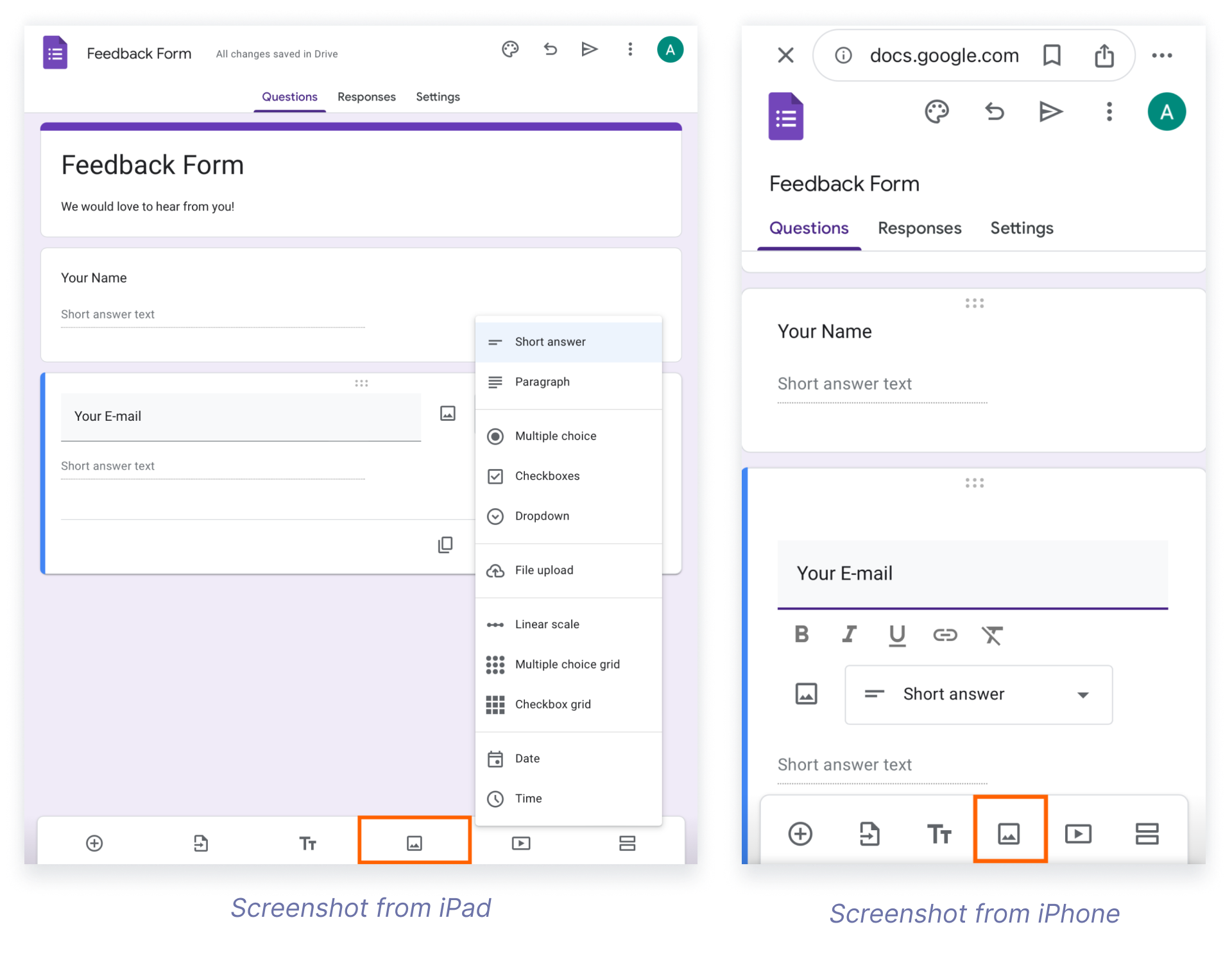 Google Forms displayed on iPad and iPhone with tool options for adding new questions, emphasizing the mobile-friendly editing capabilities