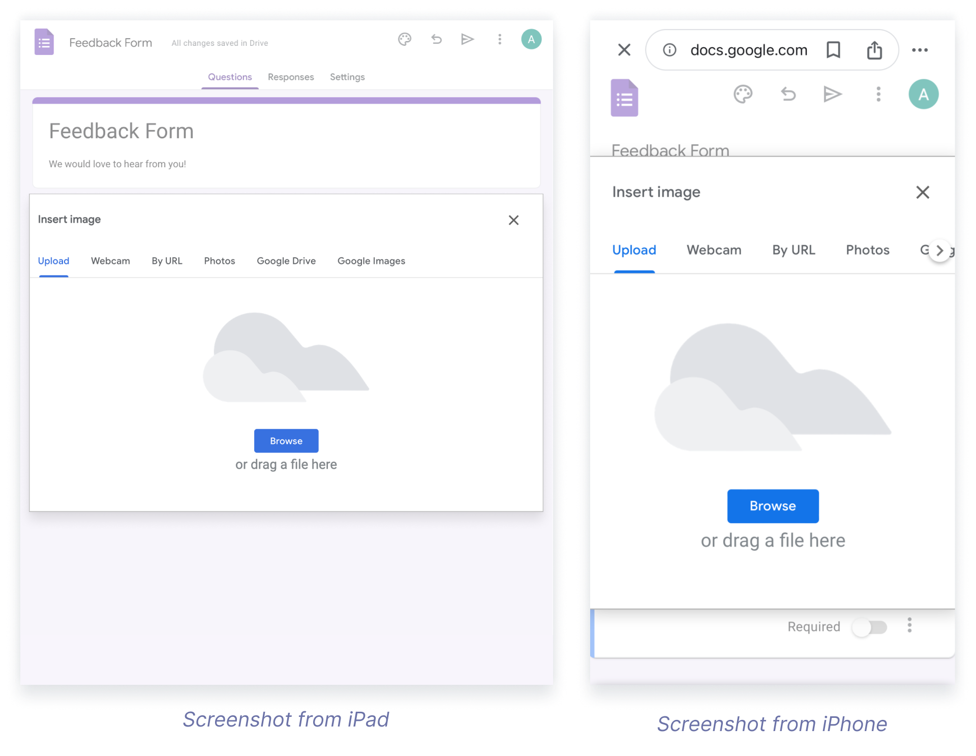 Image upload interface on Google Forms as viewed on an iPad and an iPhone, with tabs for different upload sources