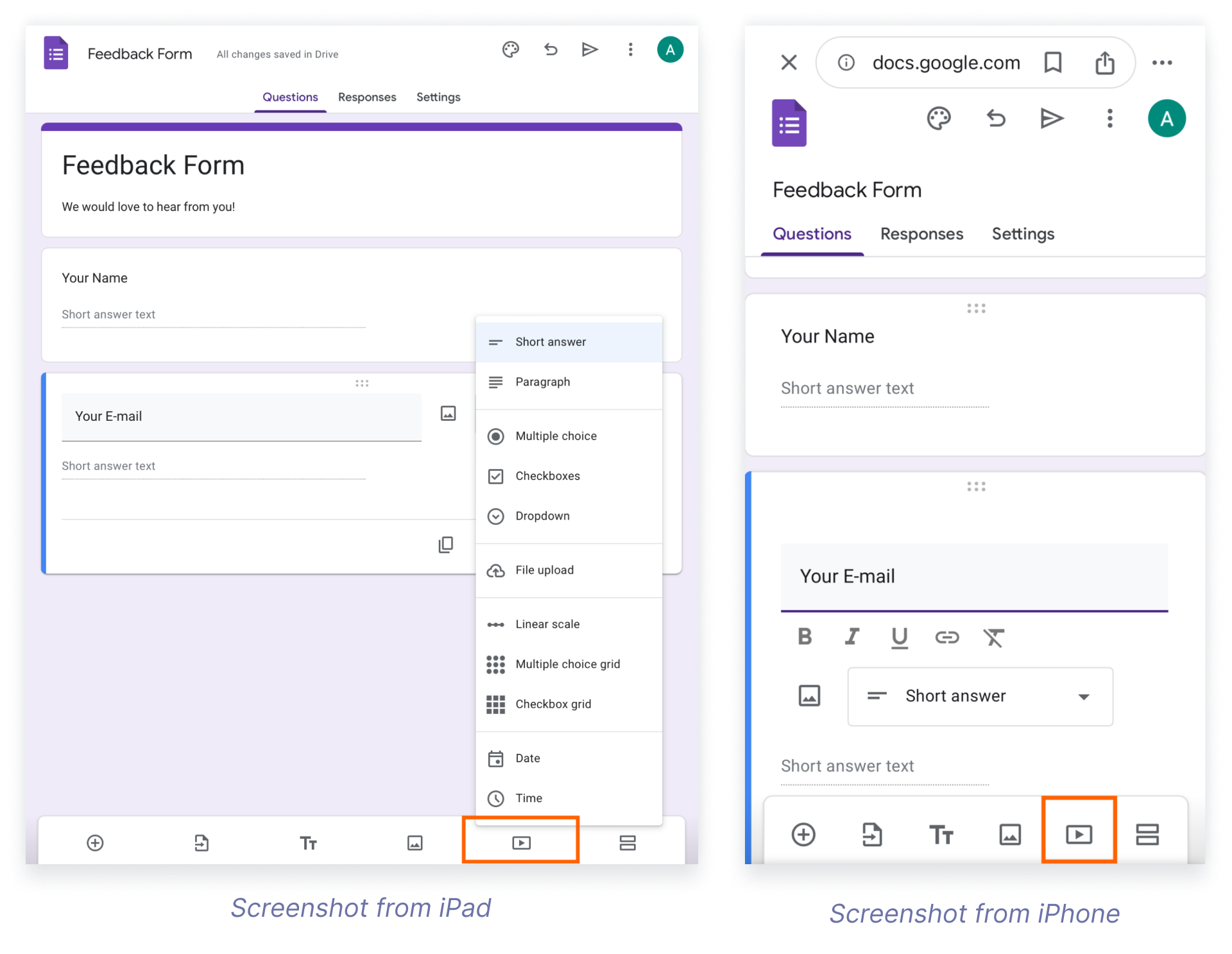 Google Forms on iPad and iPhone showing the editing mode for a feedback form, highlighting the tool options for adding question types