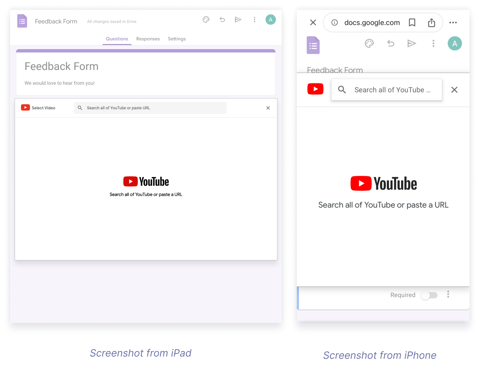 Side-by-side screenshots of a Google Form on iPad and iPhone, both displaying the interface for embedding a YouTube video