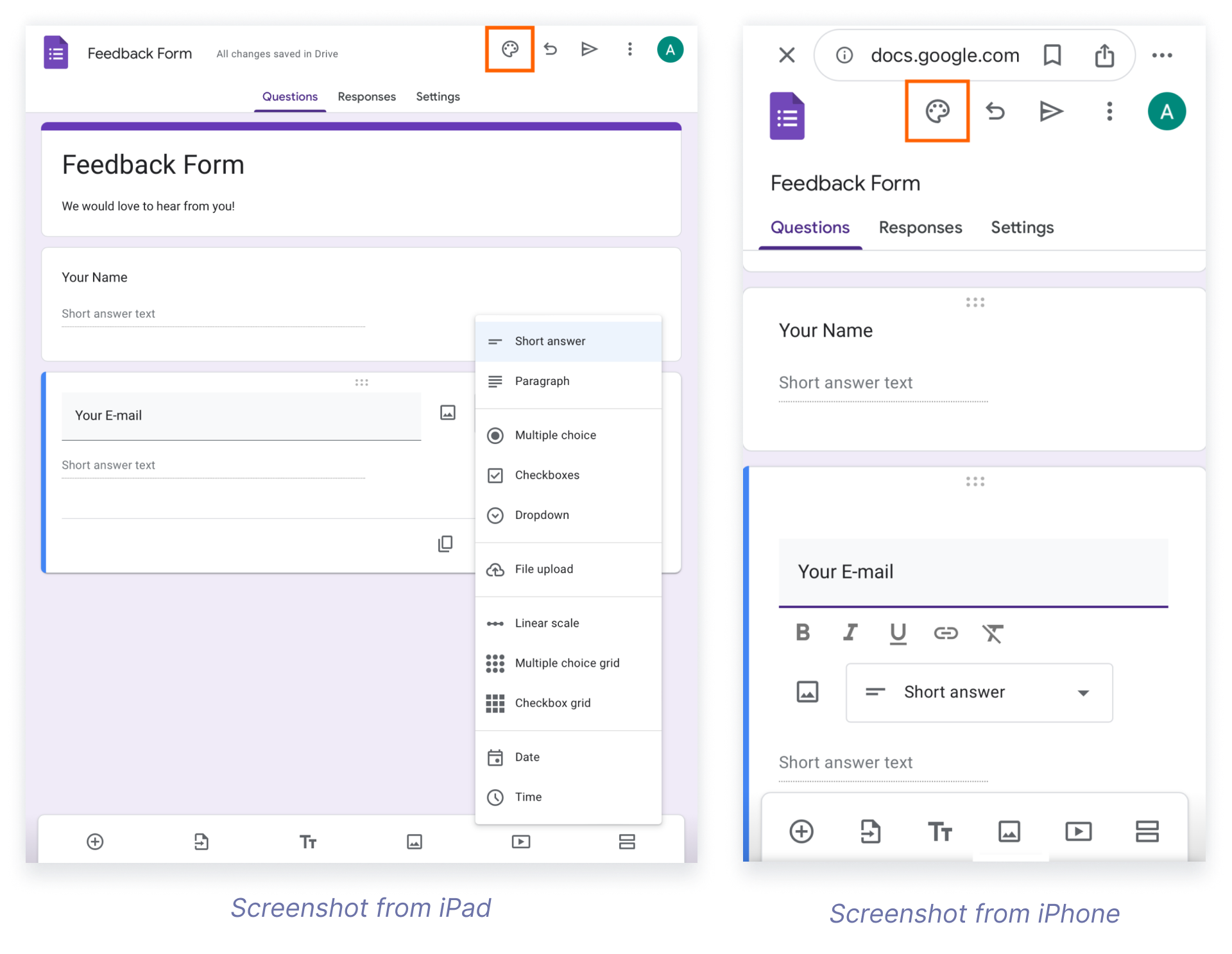 Google Forms application on iPad and iPhone showing the form builder interface for entering contact information fields