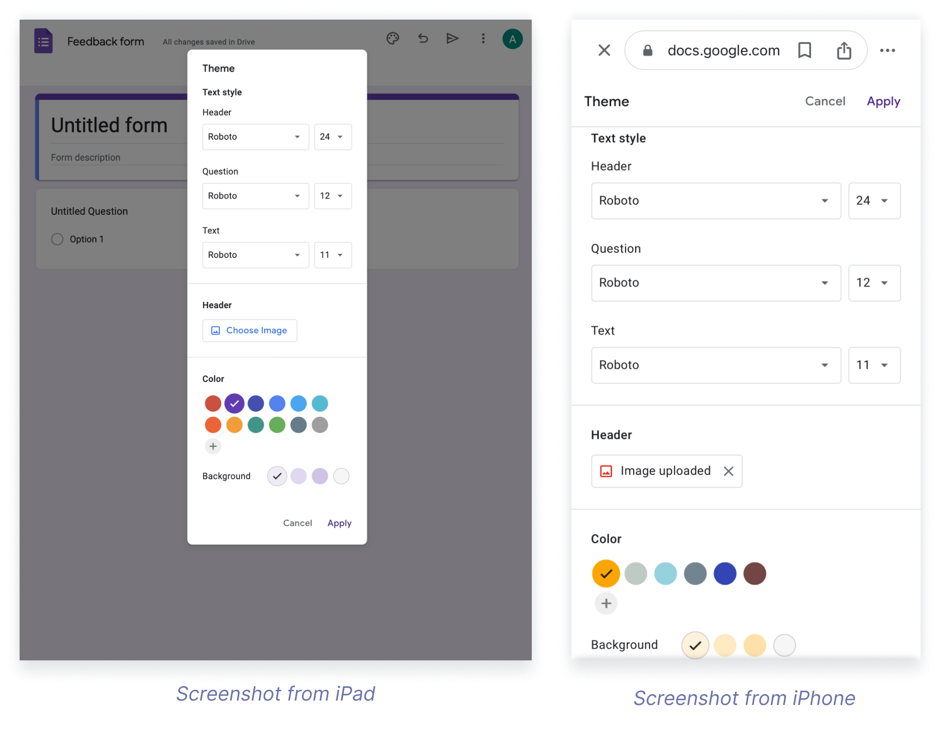 Google Forms theme customization options on iPad and iPhone, showing choices for text style, header image, and color palette