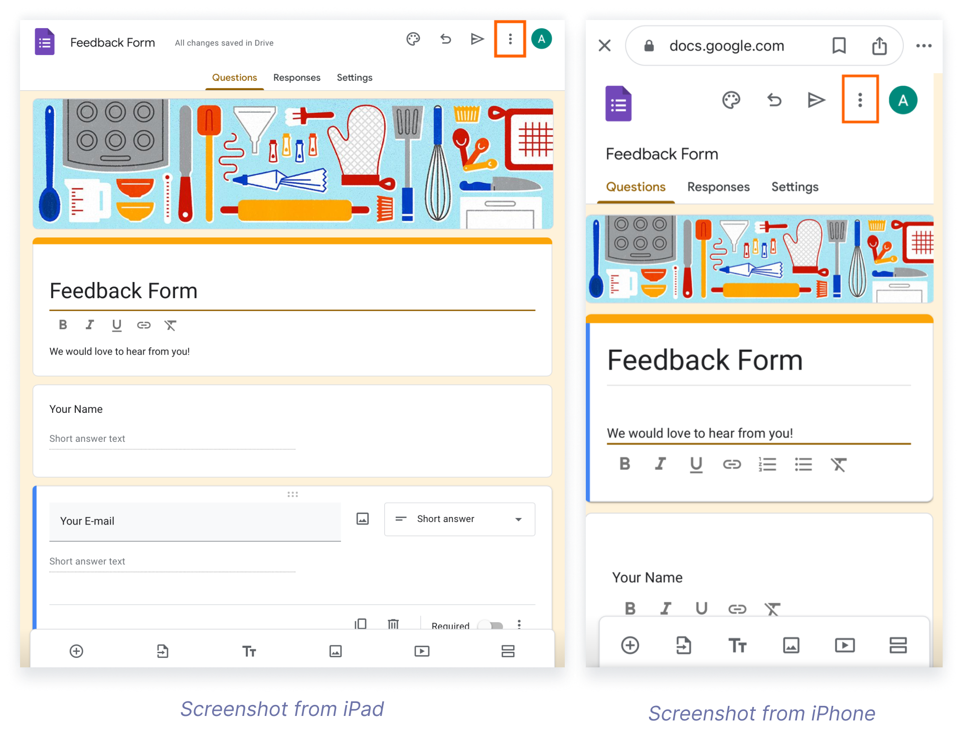 Google Forms displayed on an iPad and an iPhone with a decorative banner and formatted text fields for a feedback form