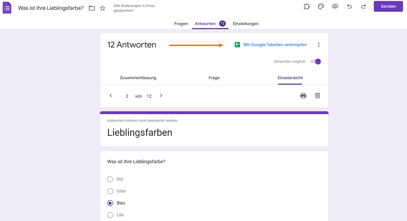 Screenshots der Registerkarte Antworten in Google Formulare Klicken Sie auf Mit Google Tabellen verbinden