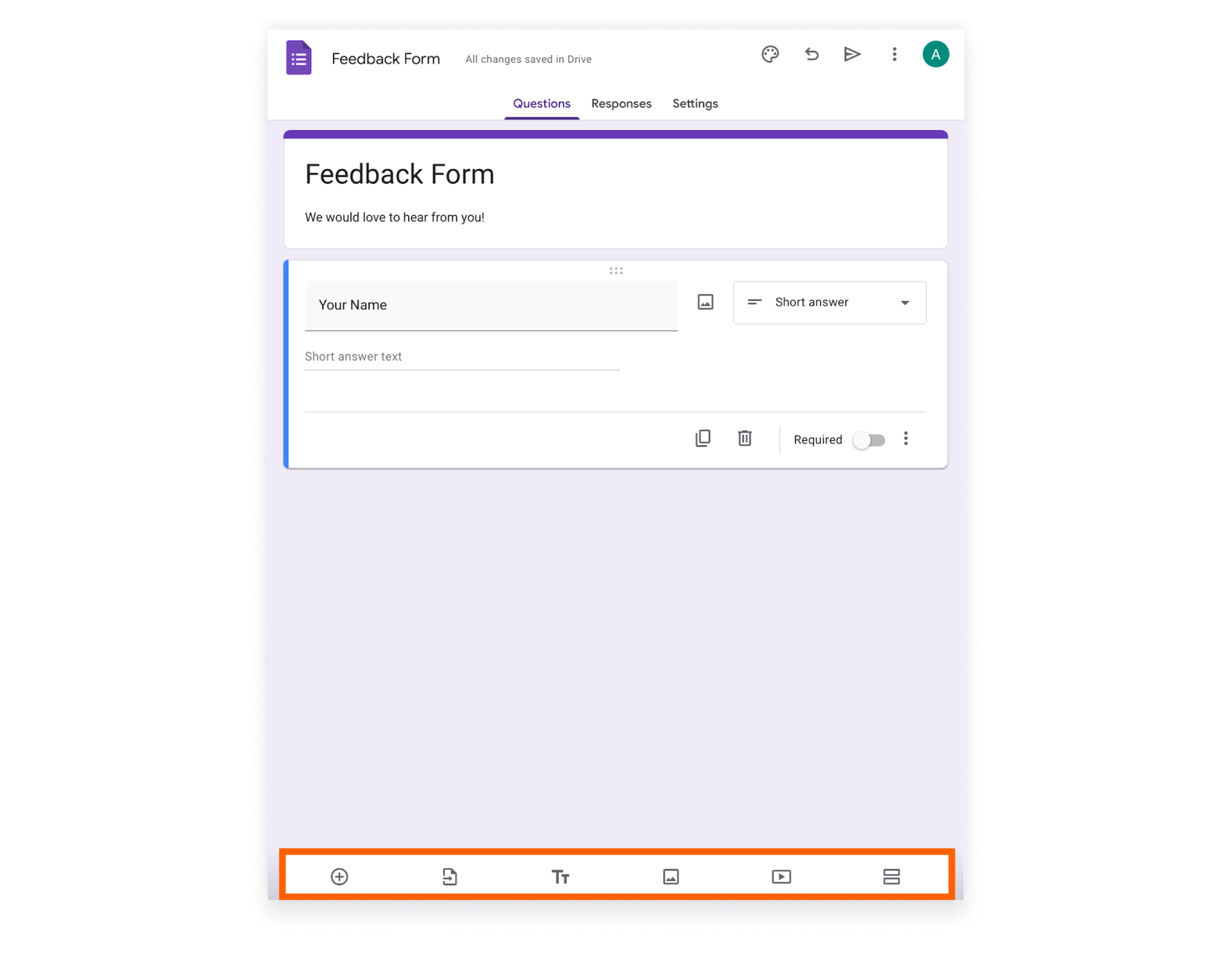 Google Forms on iPad Highlighting Question's Settings on the Bottom of the Page