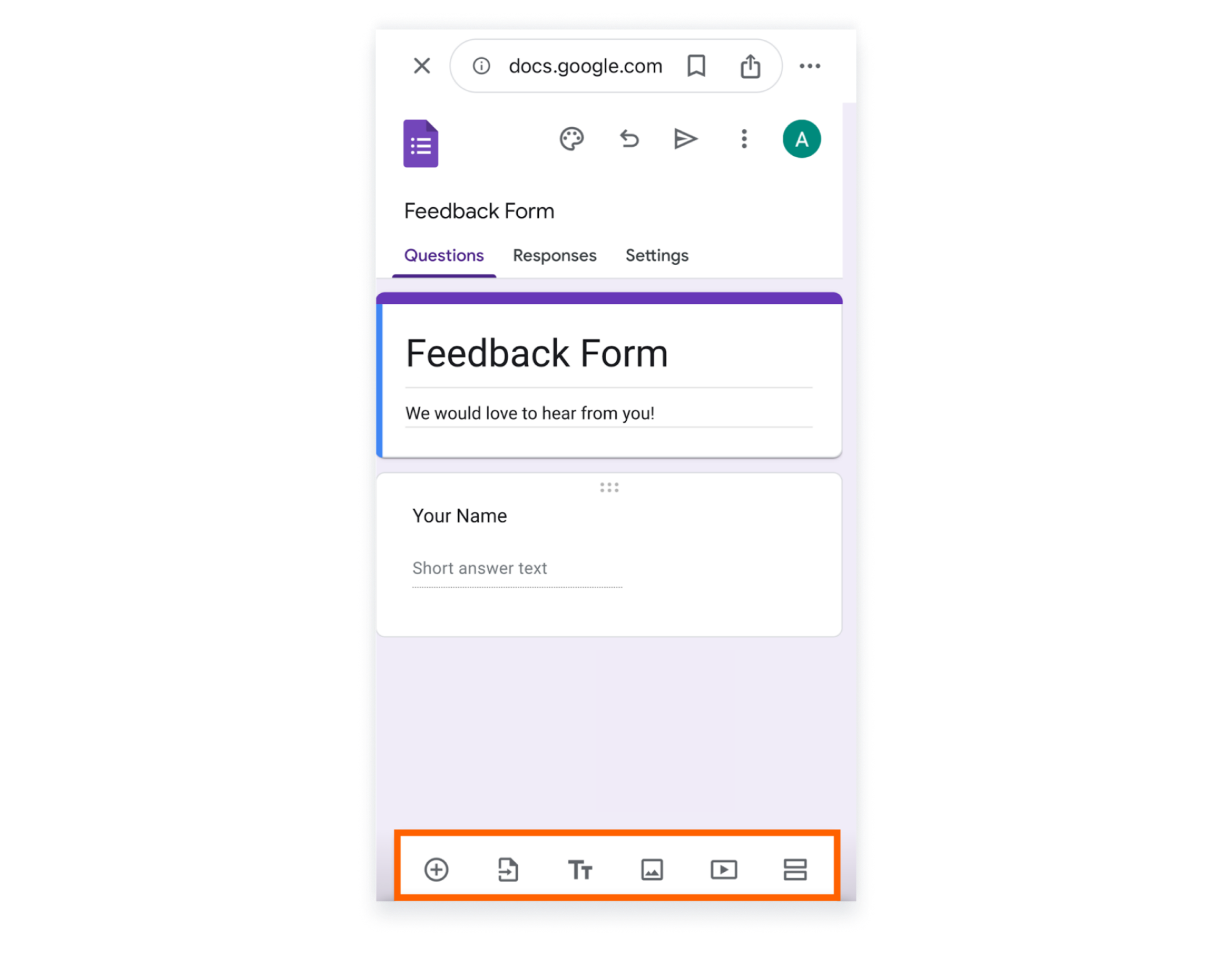 Google Forms on iPhone Highlighting Question's Settings on the Bottom of the Page