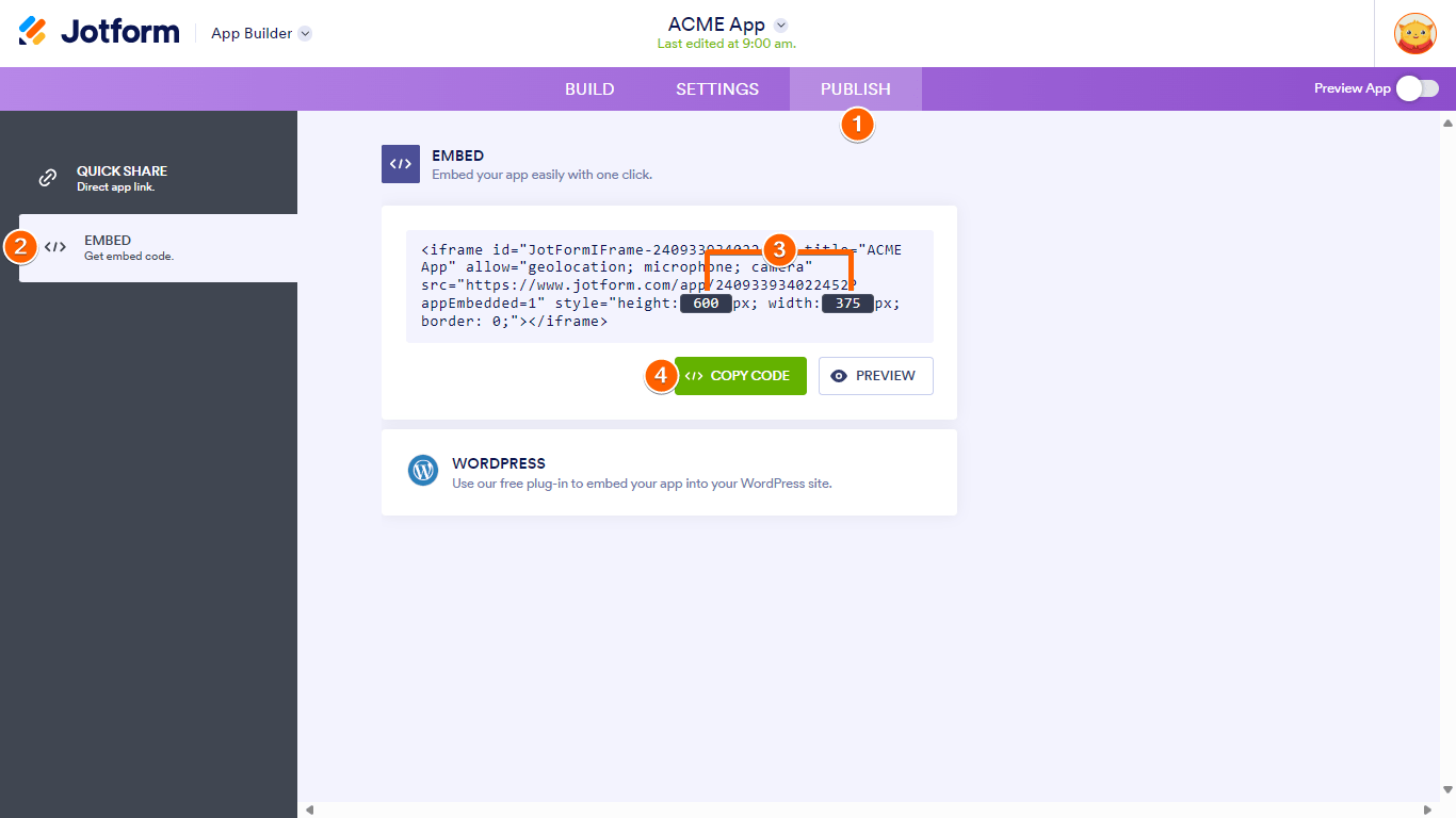 Pasos para obtener el código iframe en Jotform Apps