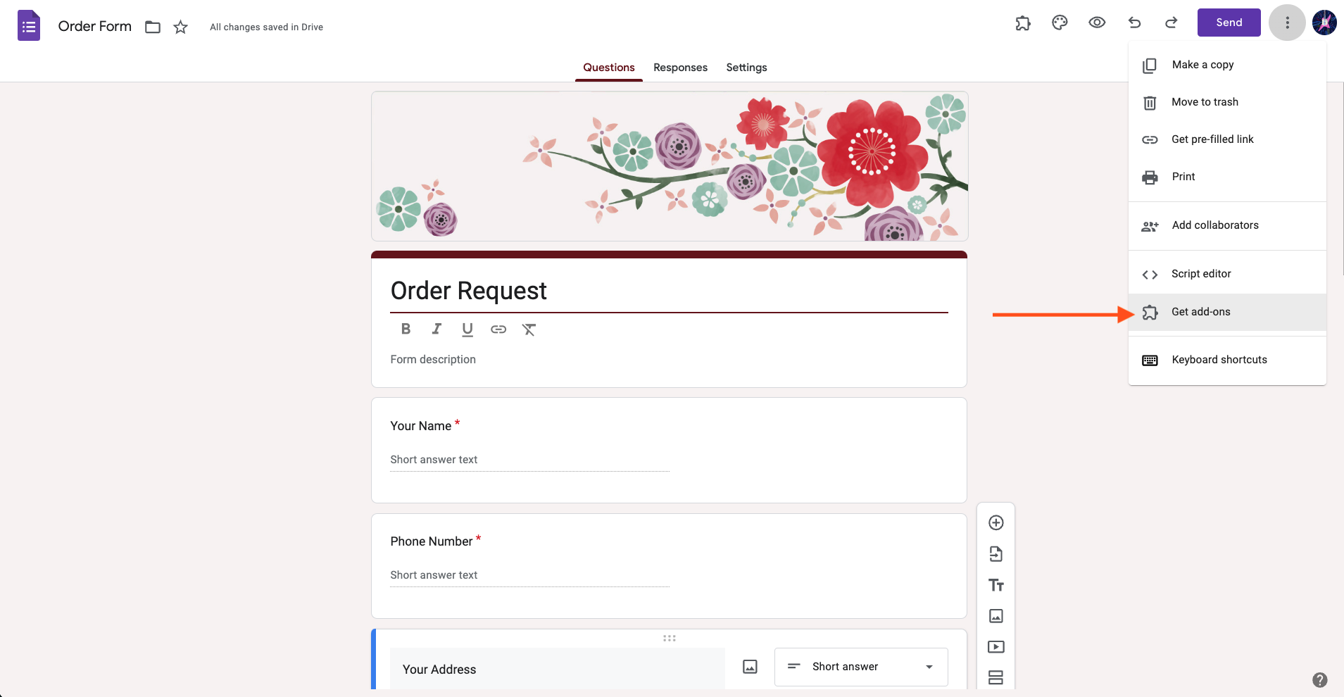 Screenshot del modulo d'ordine in Google Forms cliccando su Ottieni componenti aggiuntivi