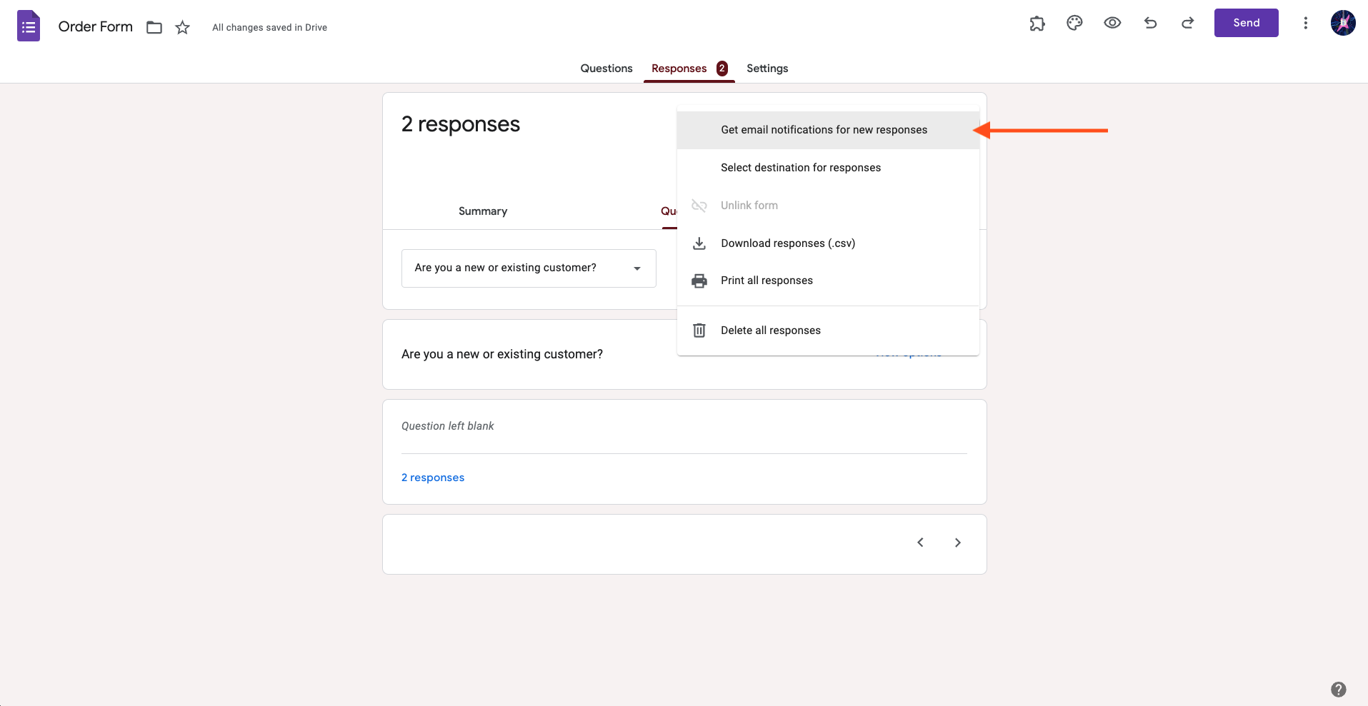 Screenshot del modulo d'ordine in Google Forms cliccando su Ricevi notifica email per nuove risposte
