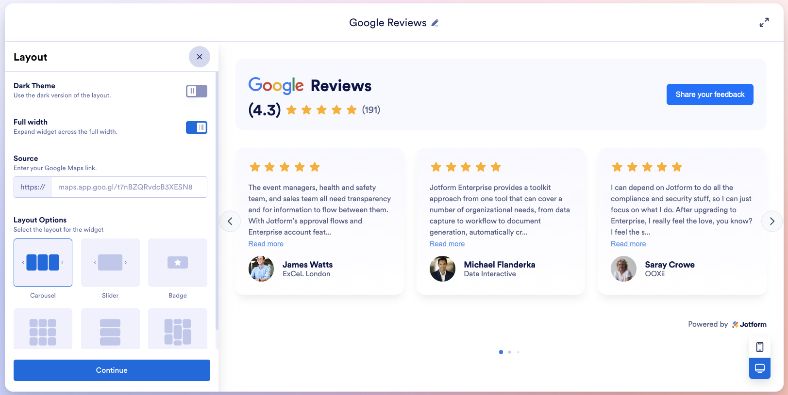 Viewing the Google Reviews widget window
