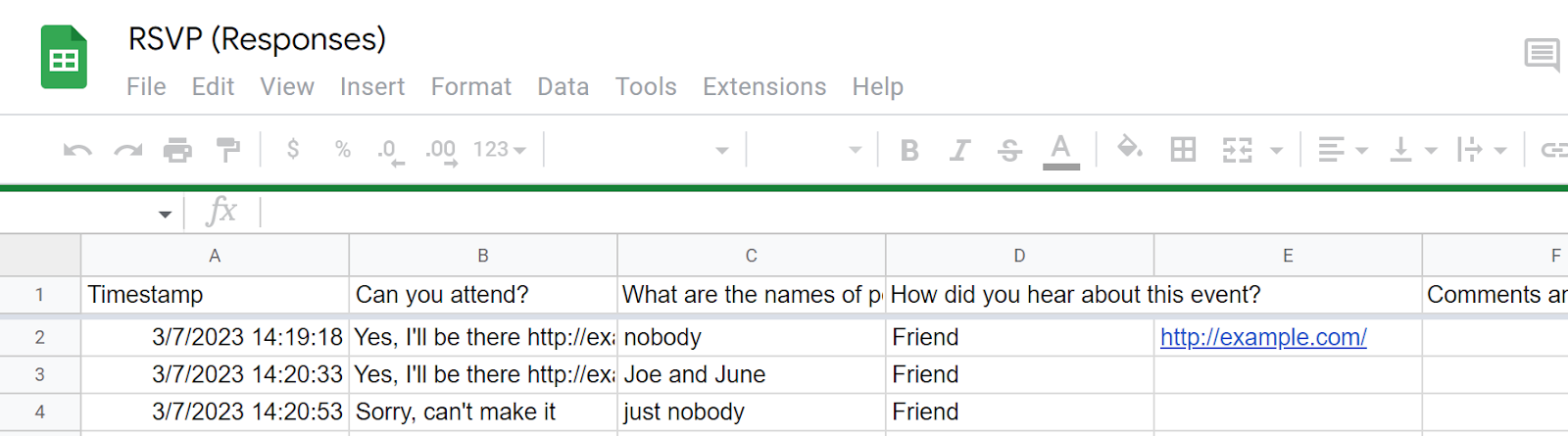 Screenshot of Google Sheets with data imported from Google Forms