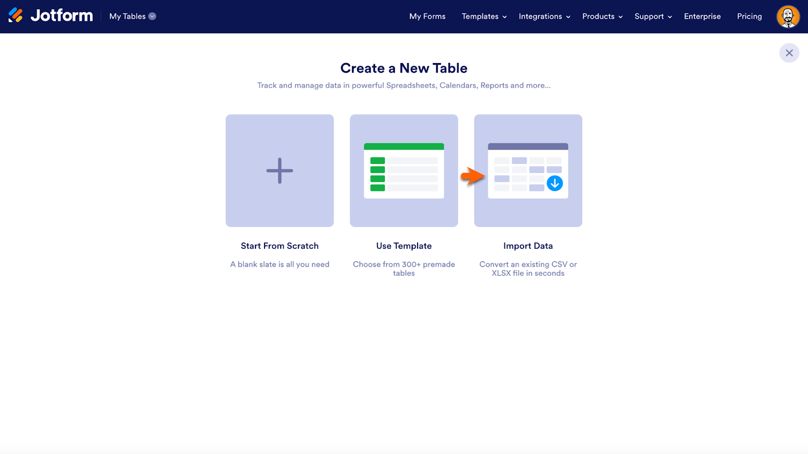 Clicking on Import Data Option in "Create a New Table" Page