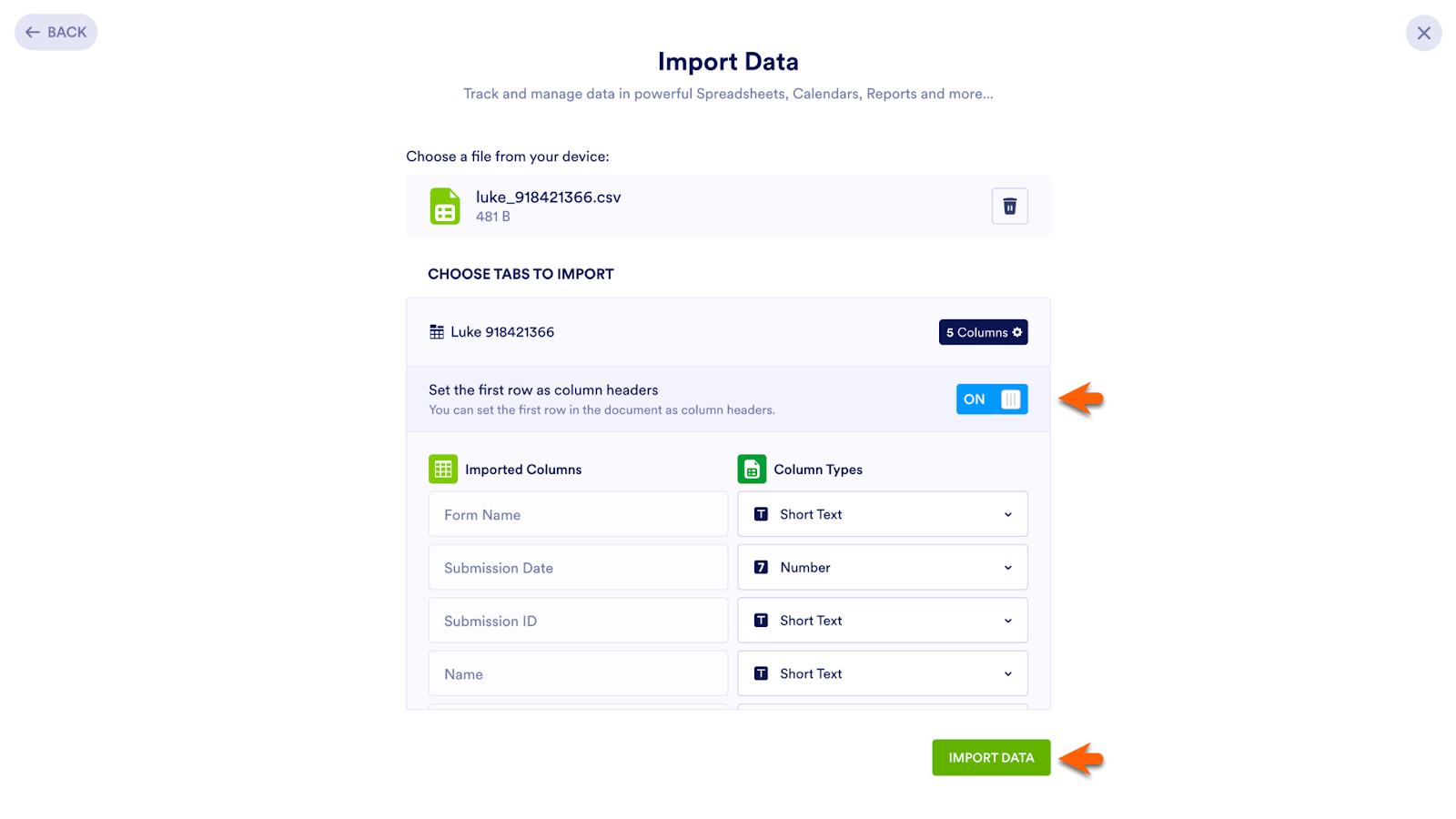 Viewing Import Data Page, Toggling "Set the first row as column headers" Option to On and Clicking on Import Data Button
