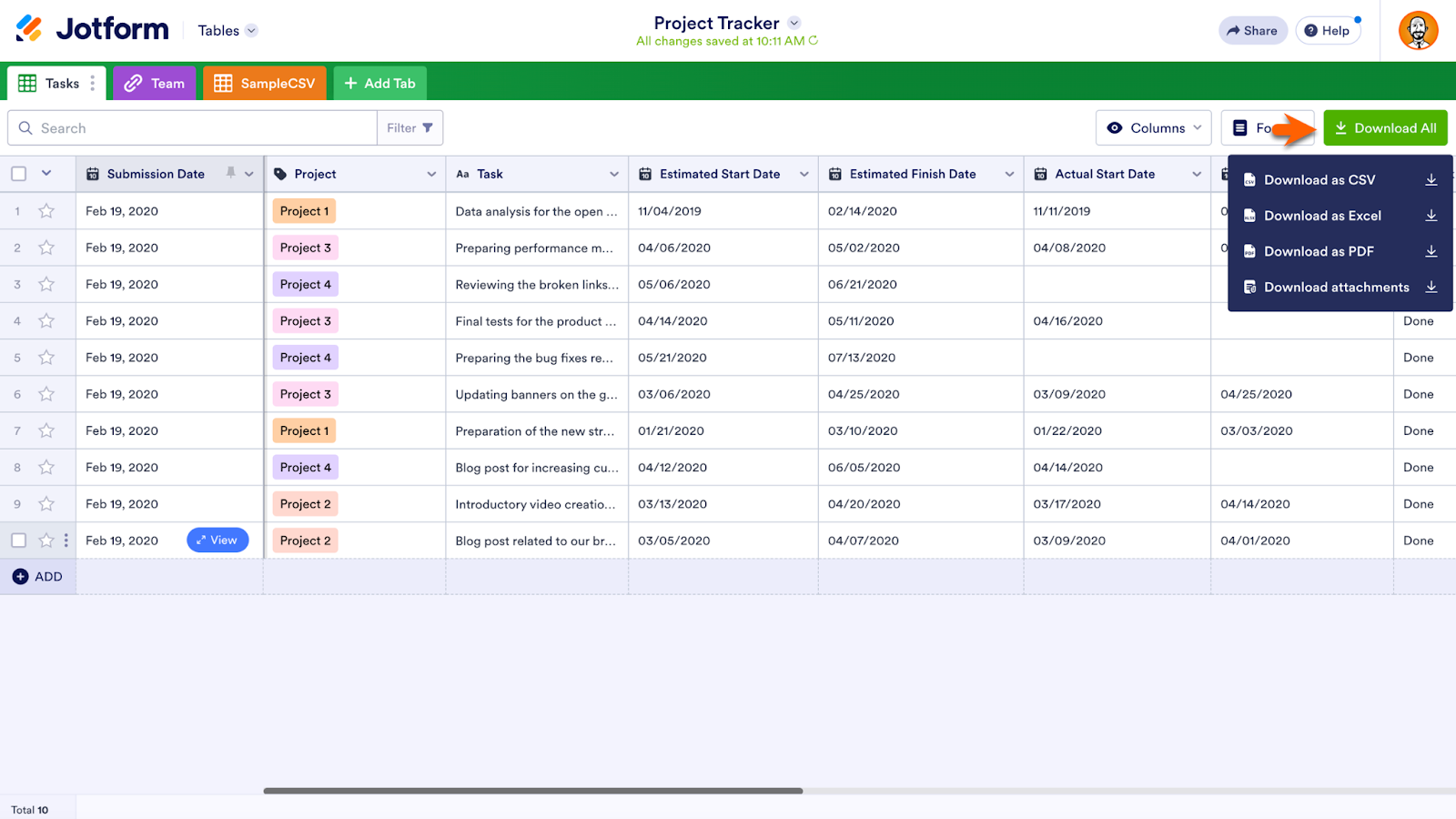 Clicking on "Download All" Button and Viewing Different Options in Jotform Tables