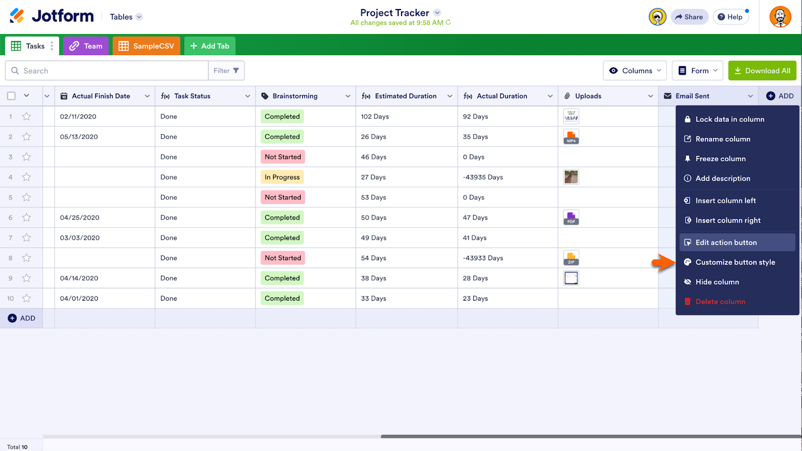 Choosing "Customize Button Style" Option from the Dropdown Options 