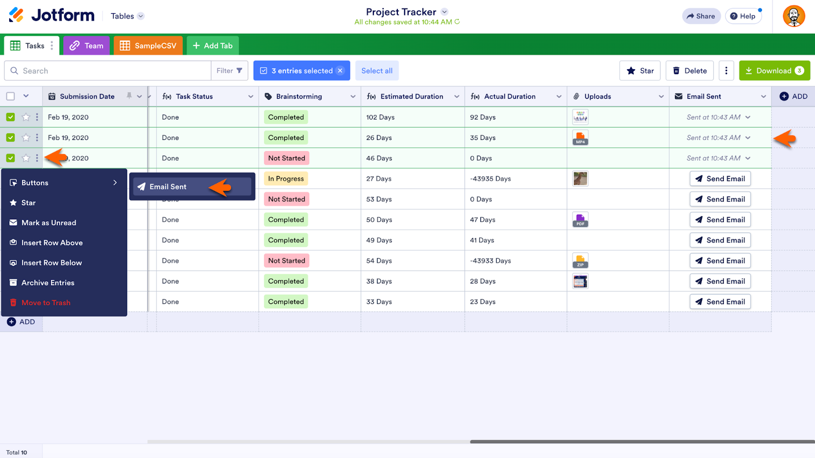Selecting Entries with Rows, Clicking on the Vertical Ellipsis Next to it, then to the Buttons Option