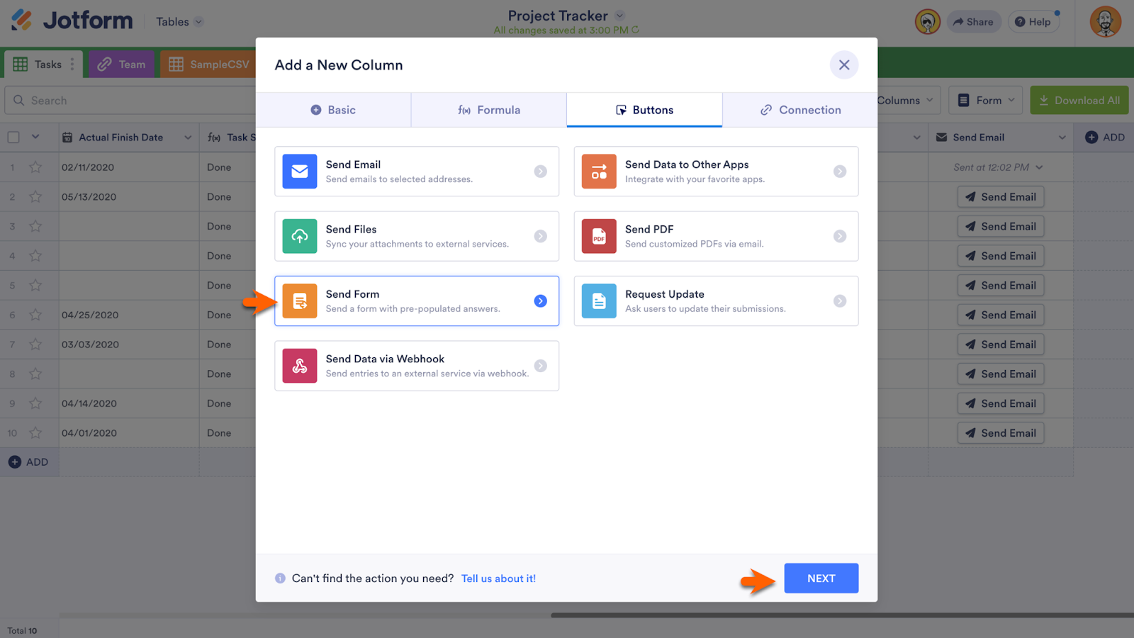 Selecting the "Send Form" Option Under the Buttons Tab and Clicking on Next