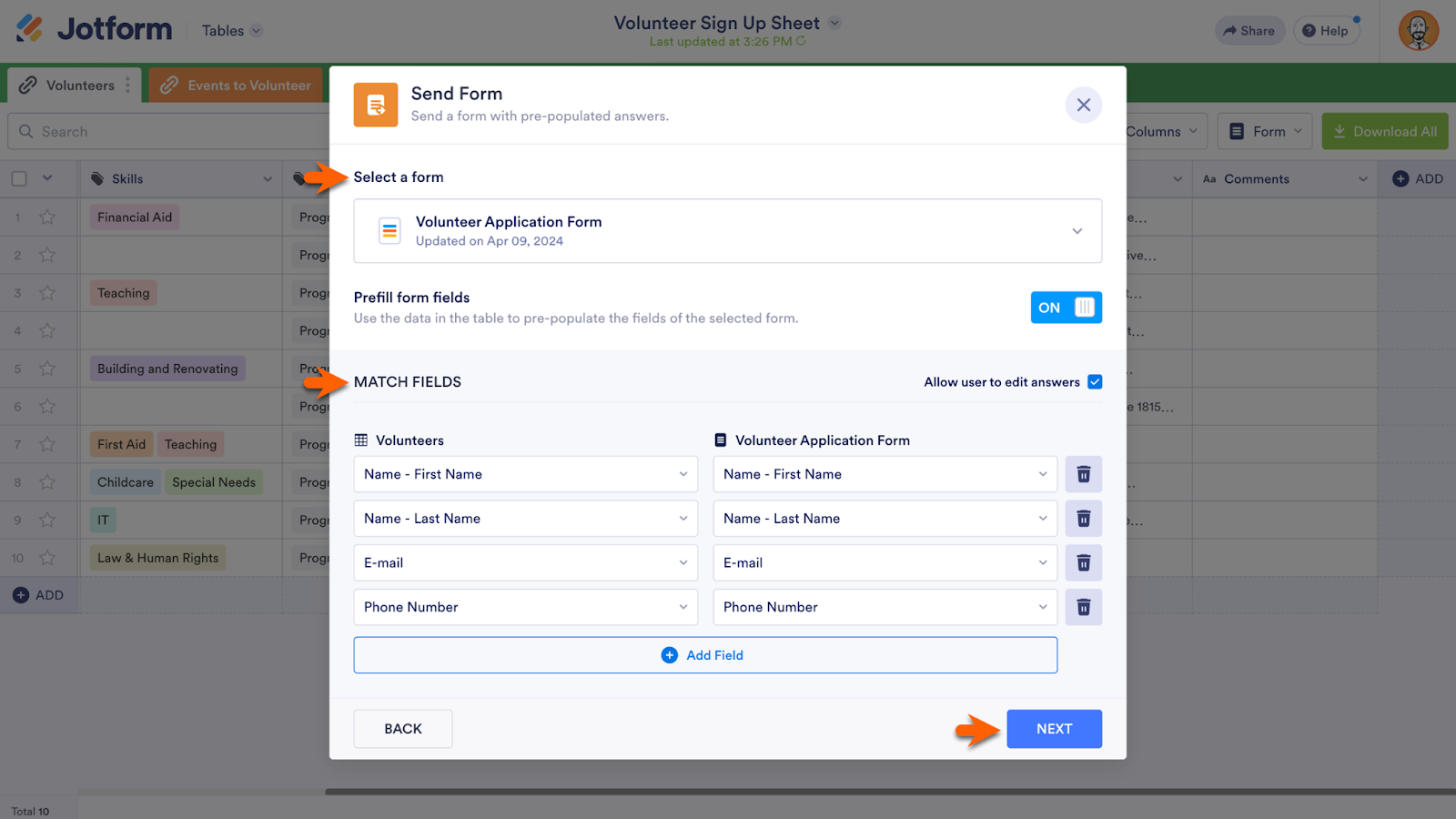 Showing "Select a form" and "Match Fields" Fields in "Send Form" Window Clicking on Next