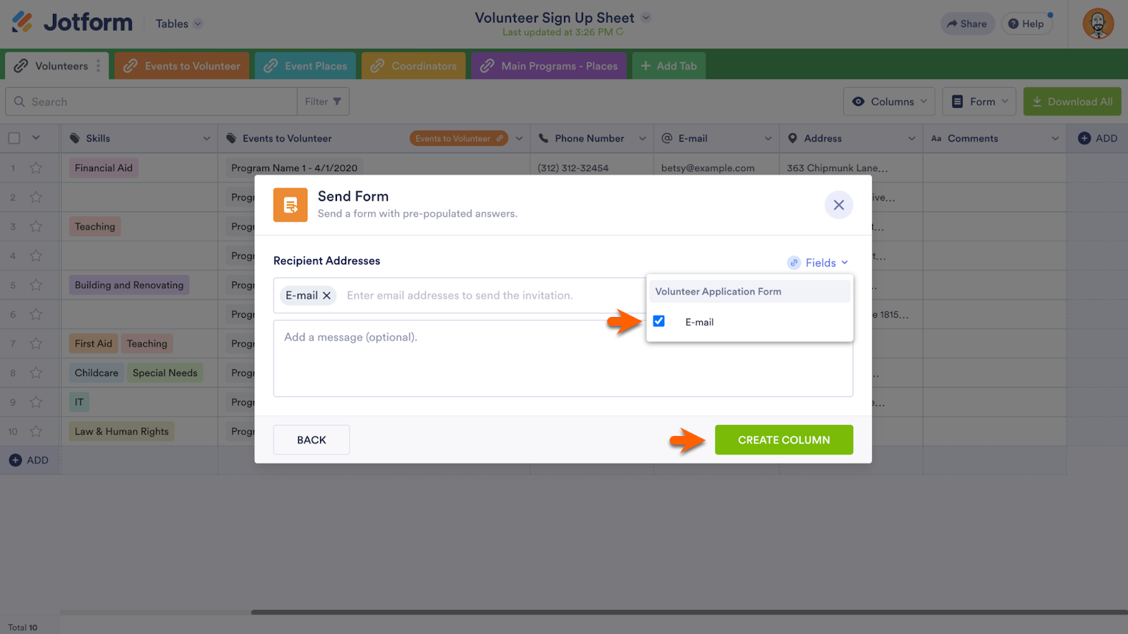 Viewing the "E-mail" Form Field under the Fields Option in "Send Form" Window, then Clicking on "Create Column" 