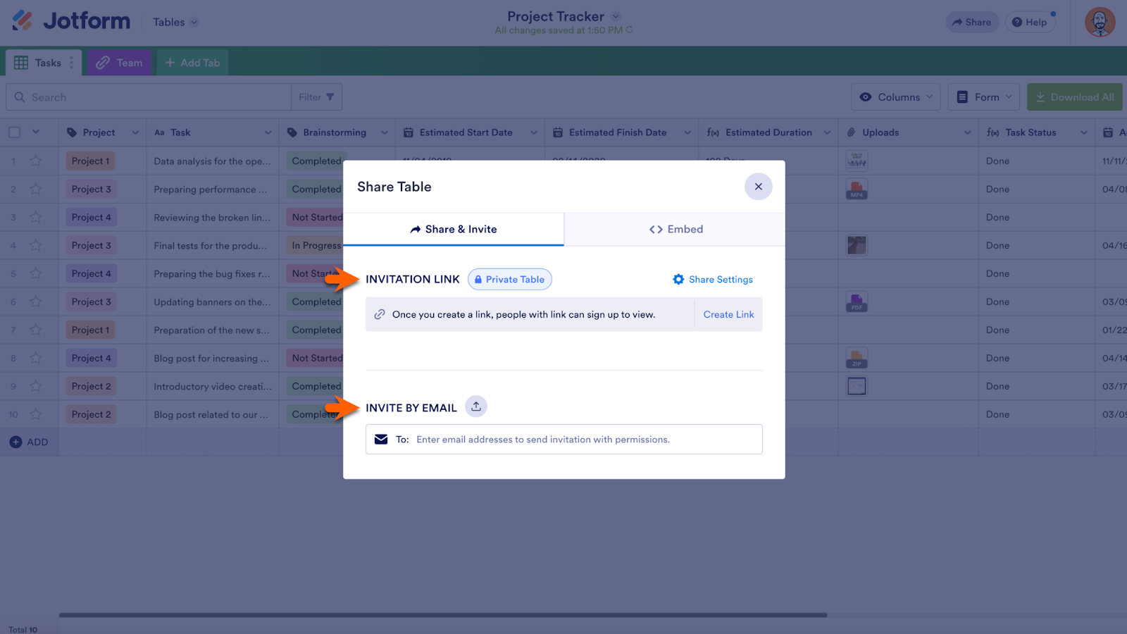 Showing the Invitation Link and Invite By Email Options under Share & Invite  Tab in Jotform Tables
