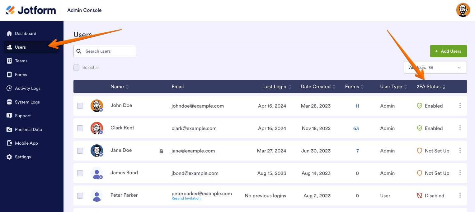 Viewing the Users Section in Admin Console, Showing the 2FA Status Column on the Far Right