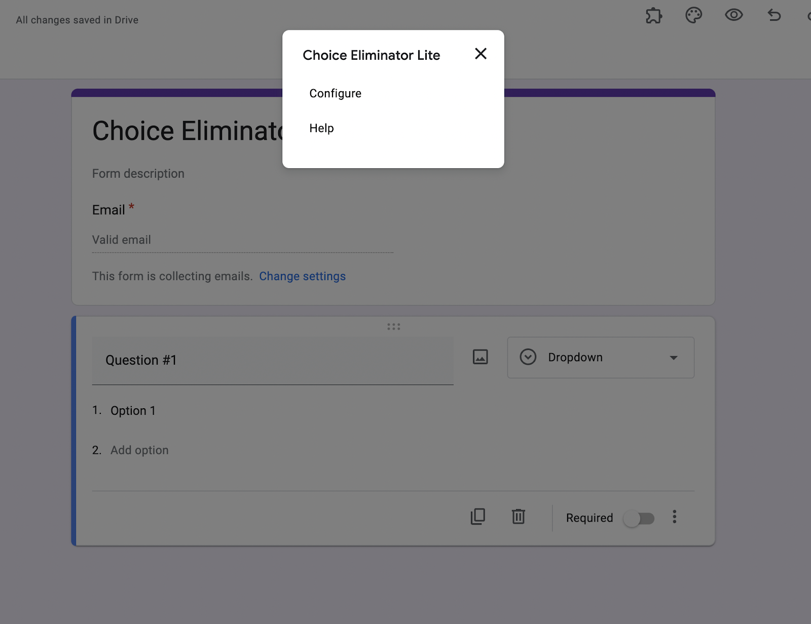 The image displays a Google Form with an overlay of the "Choice Eliminator Lite" configuration pop-up