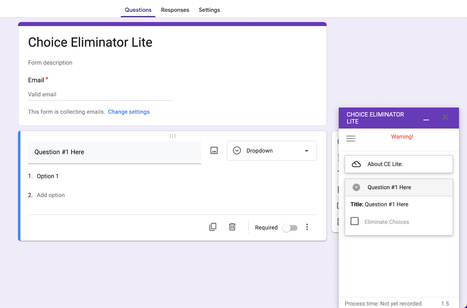 The image shows a Google Form with the title "Choice Eliminator Lite" and a dropdown question labeled "Question #1 Here"