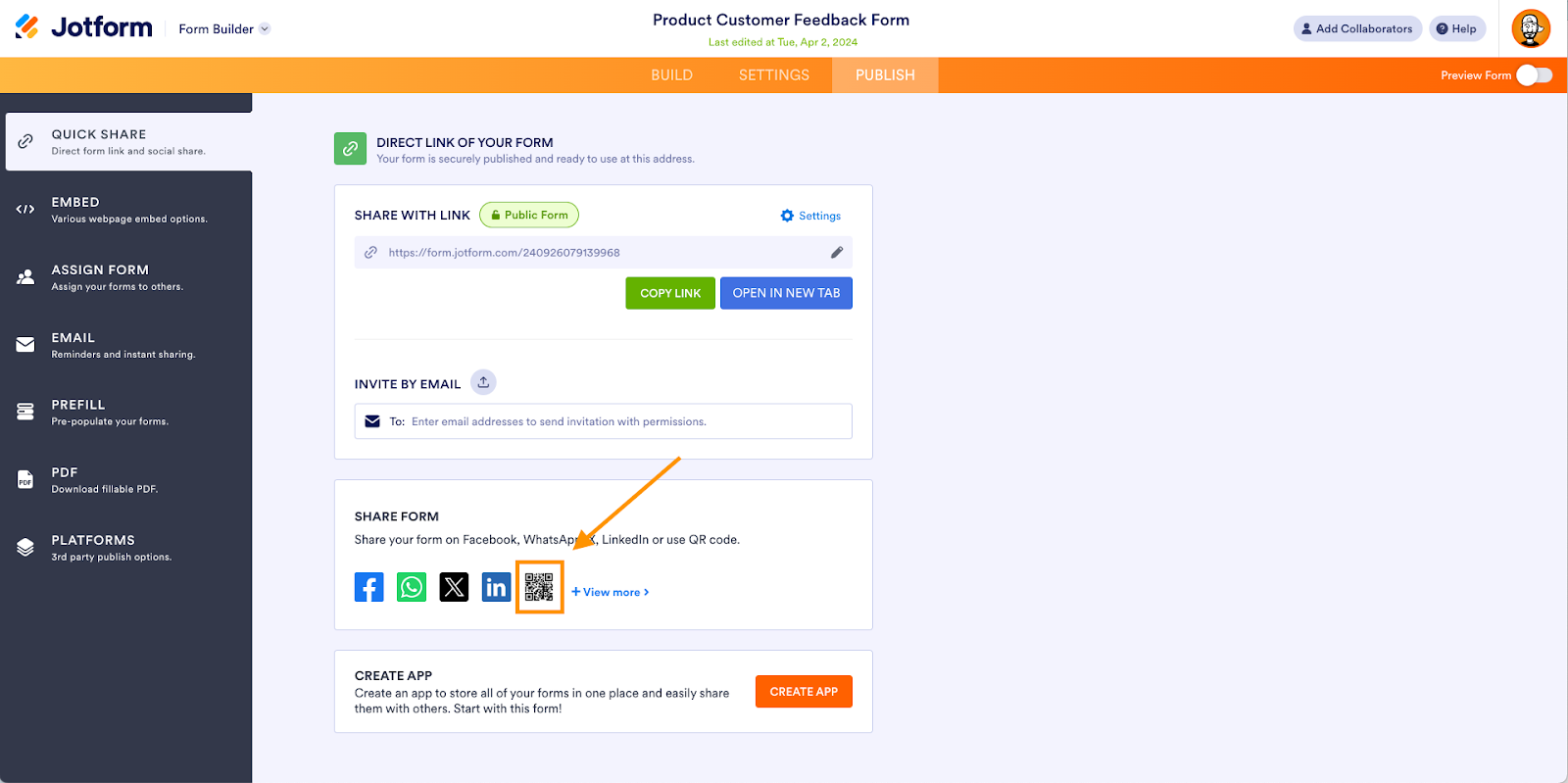 
The image displays the 'Publish' section in Jotform's Form Builder, highlighting various sharing options for a form titled "Product Customer Feedback Form", including a direct link, email invitation, and social sharing platforms like Facebook, Twitter, LinkedIn, and more.