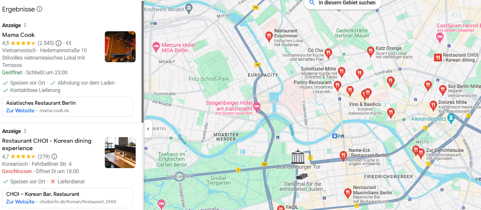 Screenshot von Google Local Map Pack