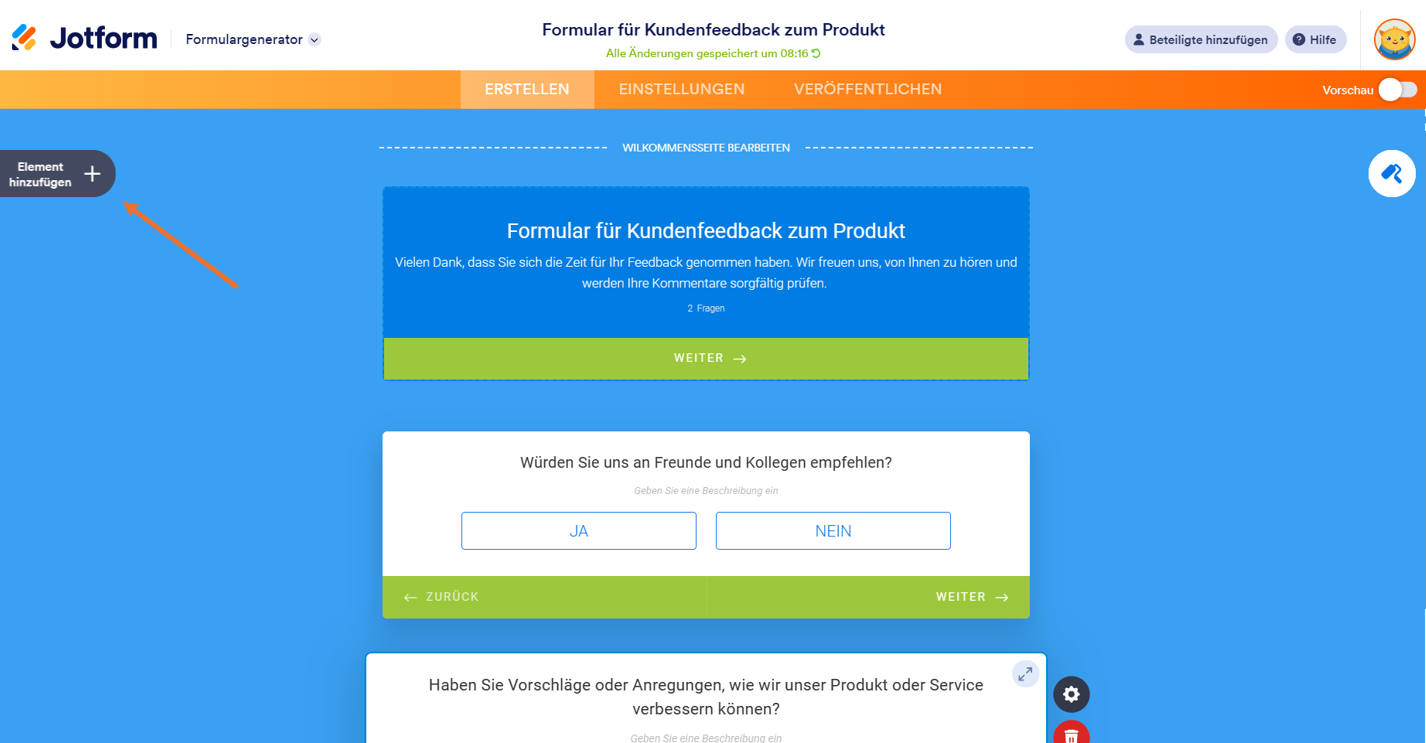 Screenshot von Jotform Formulargenerator, wenn Sie auf den Button Formularelement hinzufügen klicken