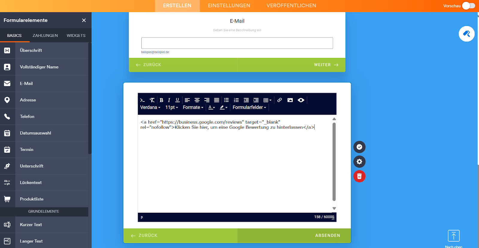 Screenshot des Jotform Formulargenerators, der den Link zur Google Reviews-Seite Ihres Unternehmens in ein Absatzelement einfügt