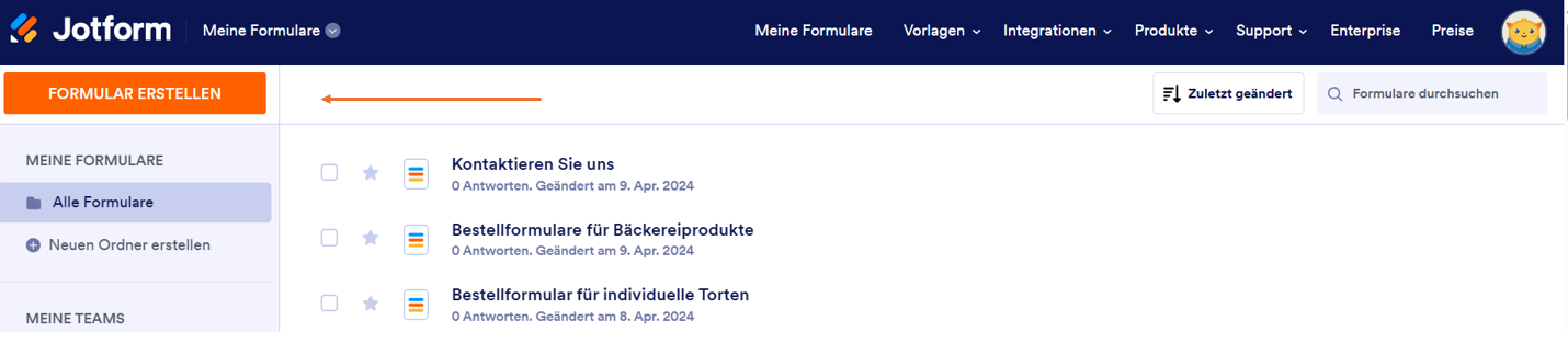 Meine Formulare Seite im Jotform Formulargenerator Klicken Sie auf Formular erstellen