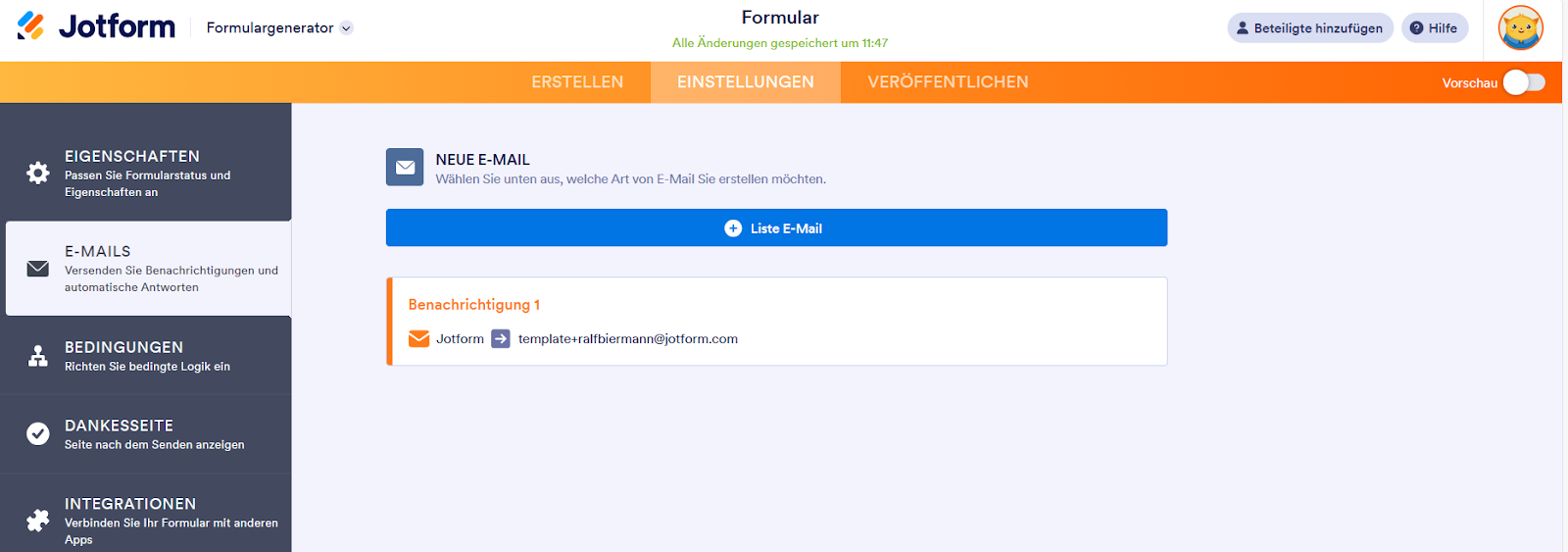 Bearbeiten von E-Mail-Einstellungen im Jotform Formulargenerator
