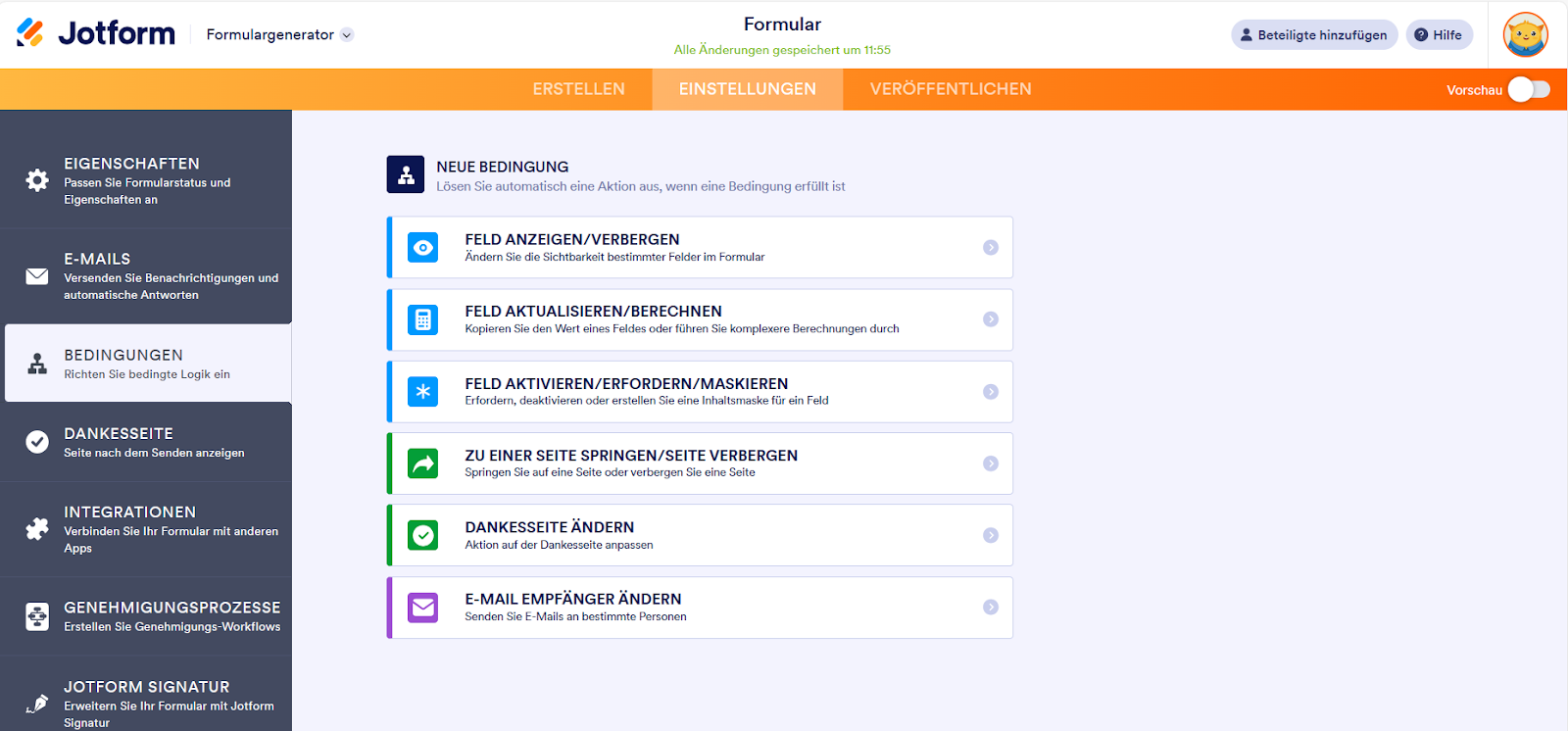 Bedingungseinstellungsseite im Jotform Formulargenerator Einrichten einer neuen Bedingung