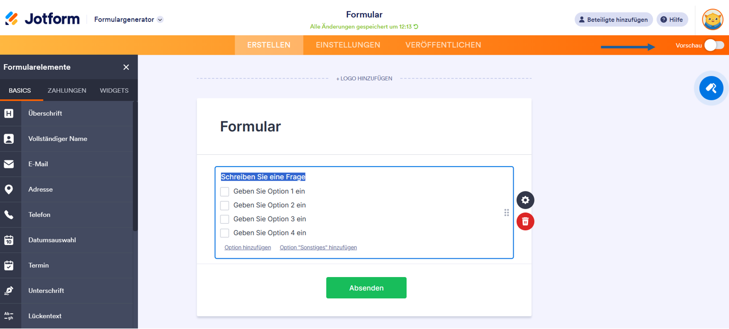 Umschalten auf den Button Vorschau im Formulargenerator von Jotform