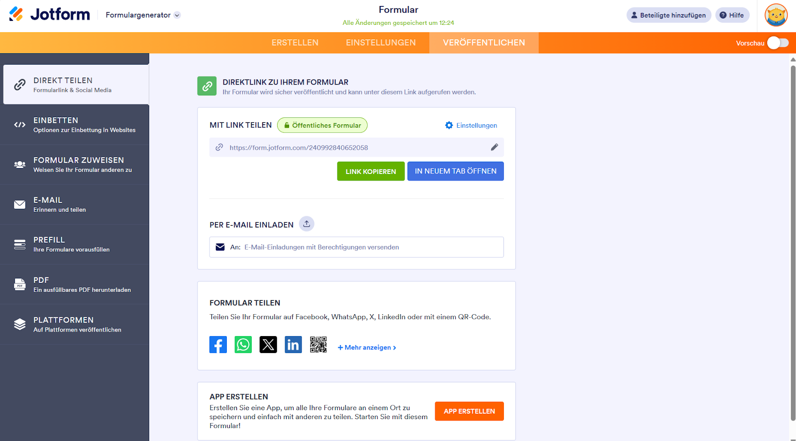 Schnelle Freigabeeinstellungen unter der Registerkarte Veröffentlichen im Jotform Formulargenerator