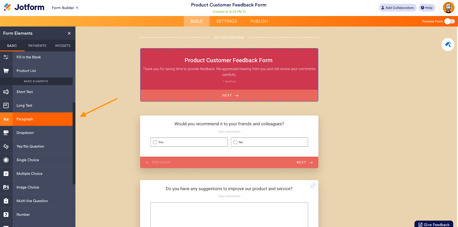 Screenshot of Jotform Form Builder Clicking on Paragraph under Form Elements