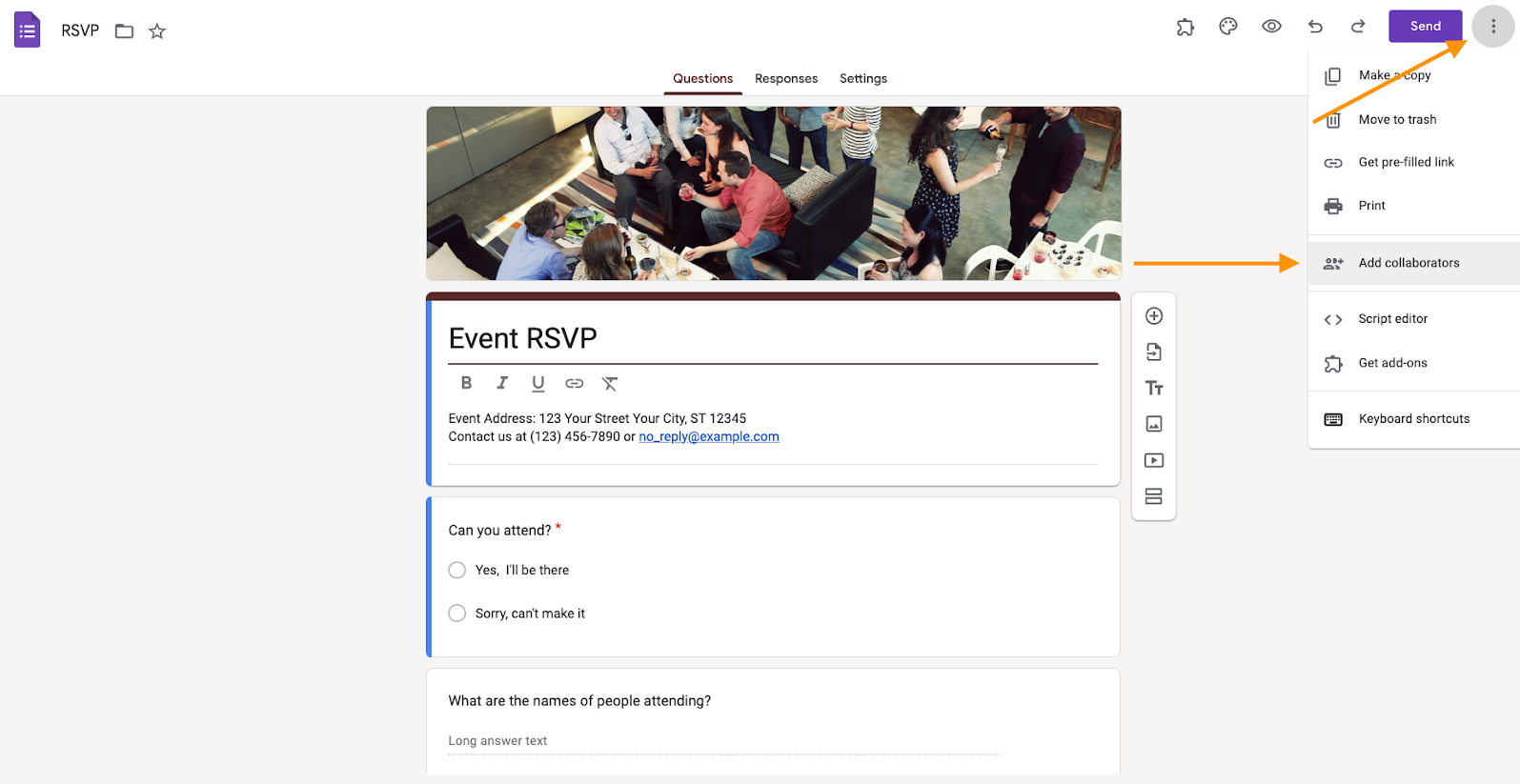 Cliccando sul menu a tre punti e poi sull'opzione "Aggiungi collaboratori" in Google Forms